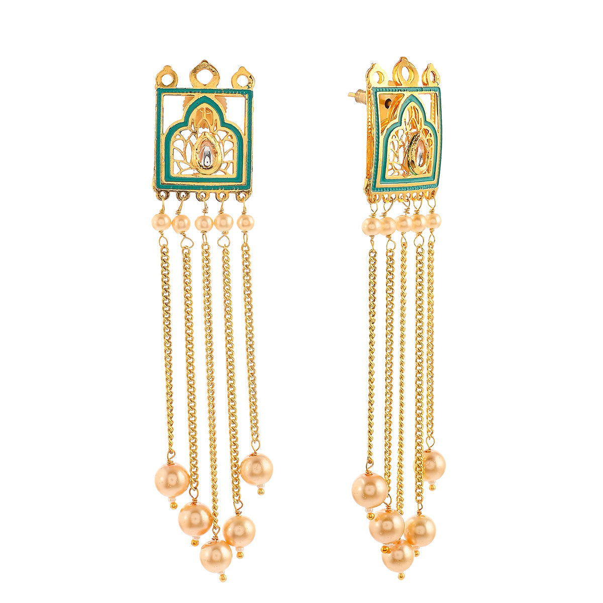 Women's Pearl Elegance Gold Plated Drop Style Brass Enamelled Temple Earrings - Voylla
