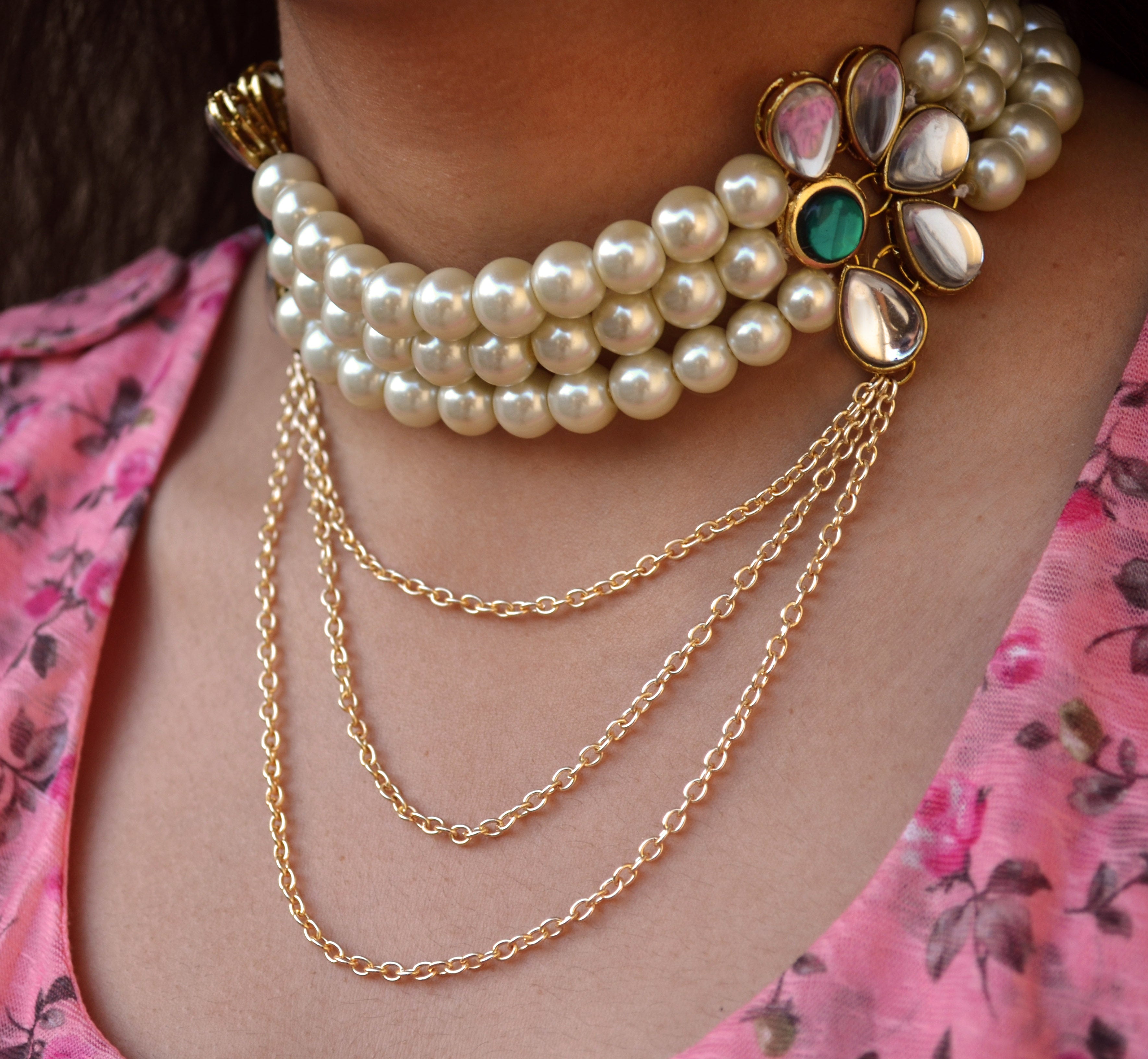 Women's Pearl And Kundan Multi Chain Necklace - BeAbhika