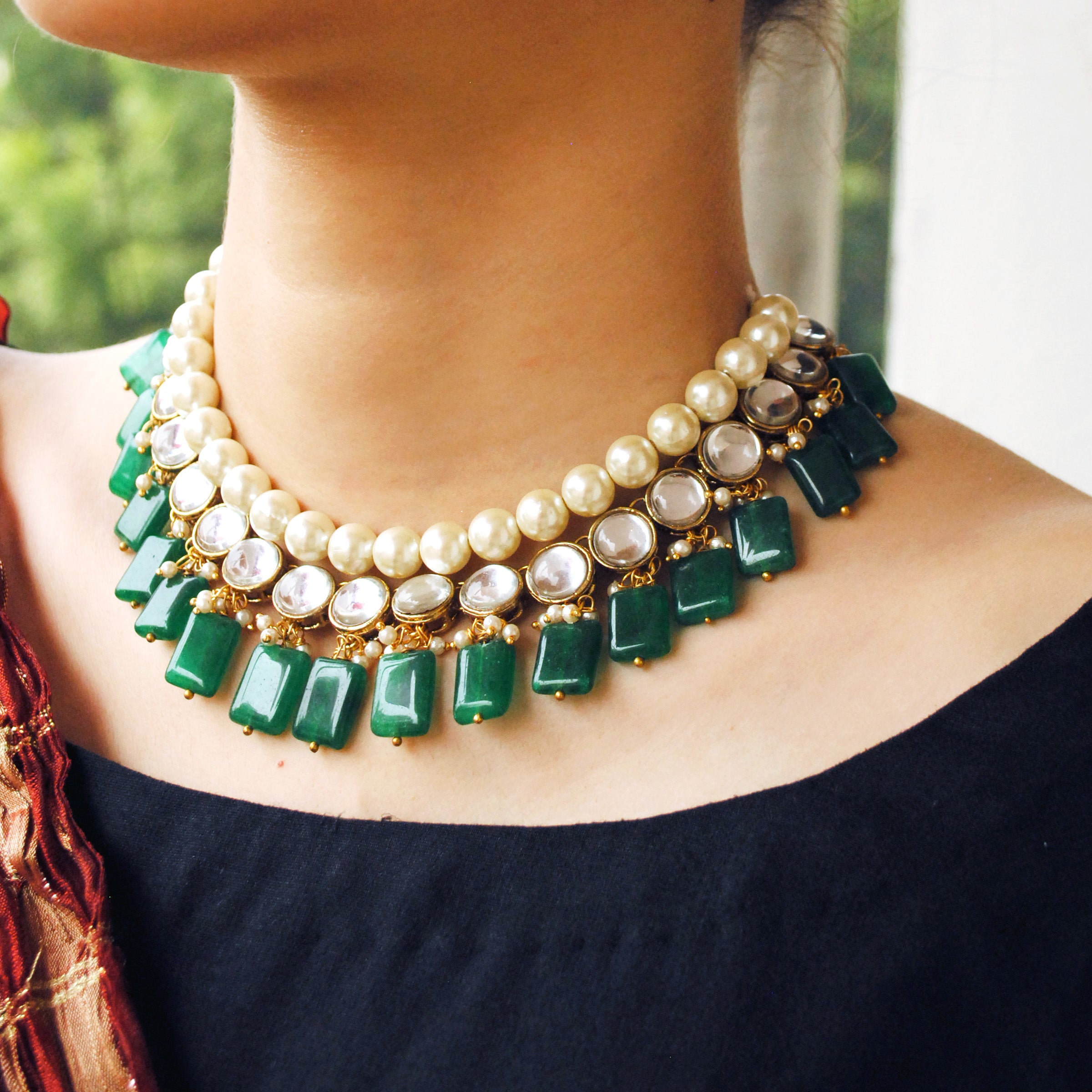 Women's Semi precious green stone and kundan necklace - BeAbhika