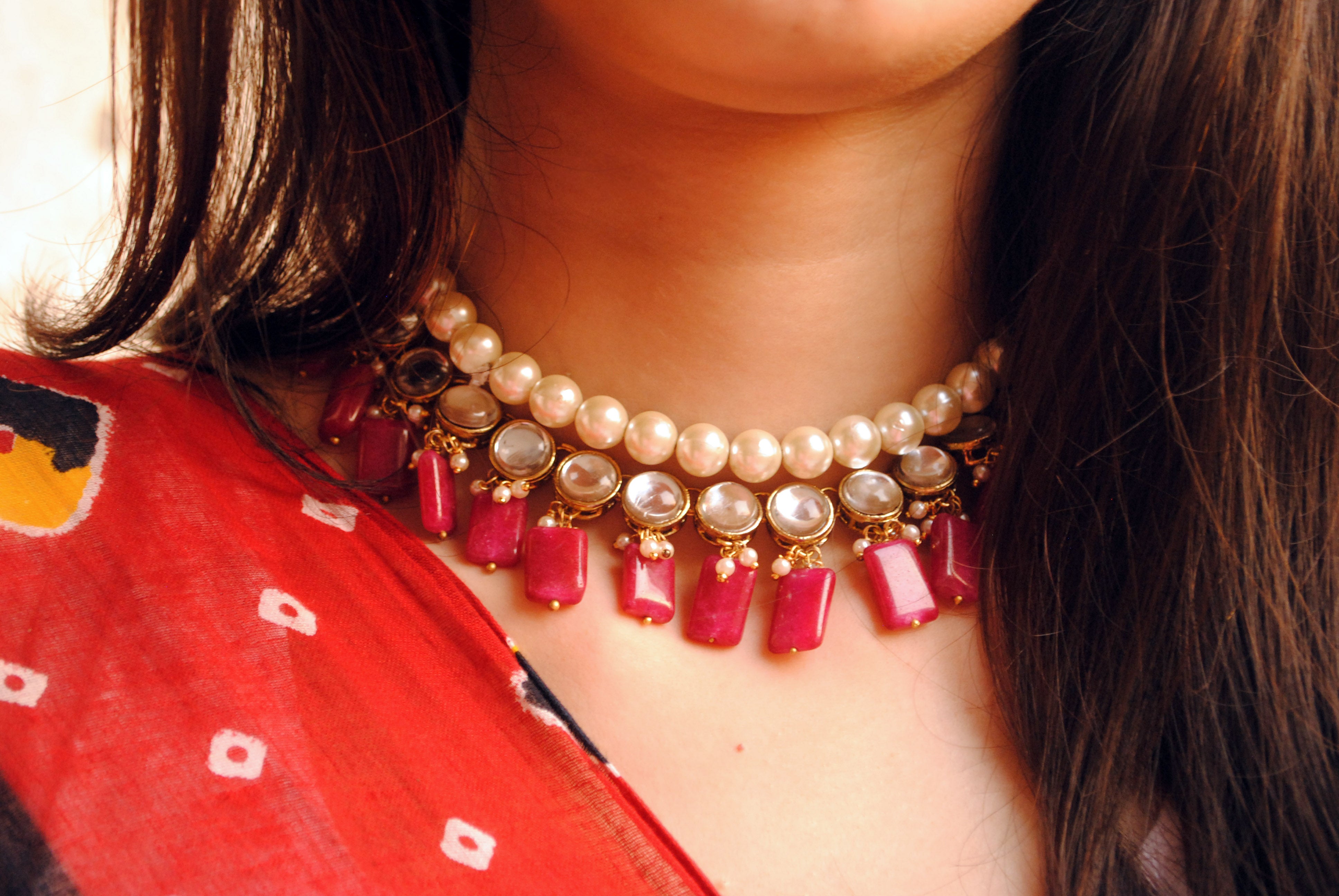 Women's Semi precious Red stone and kundan necklace - BeAbhika
