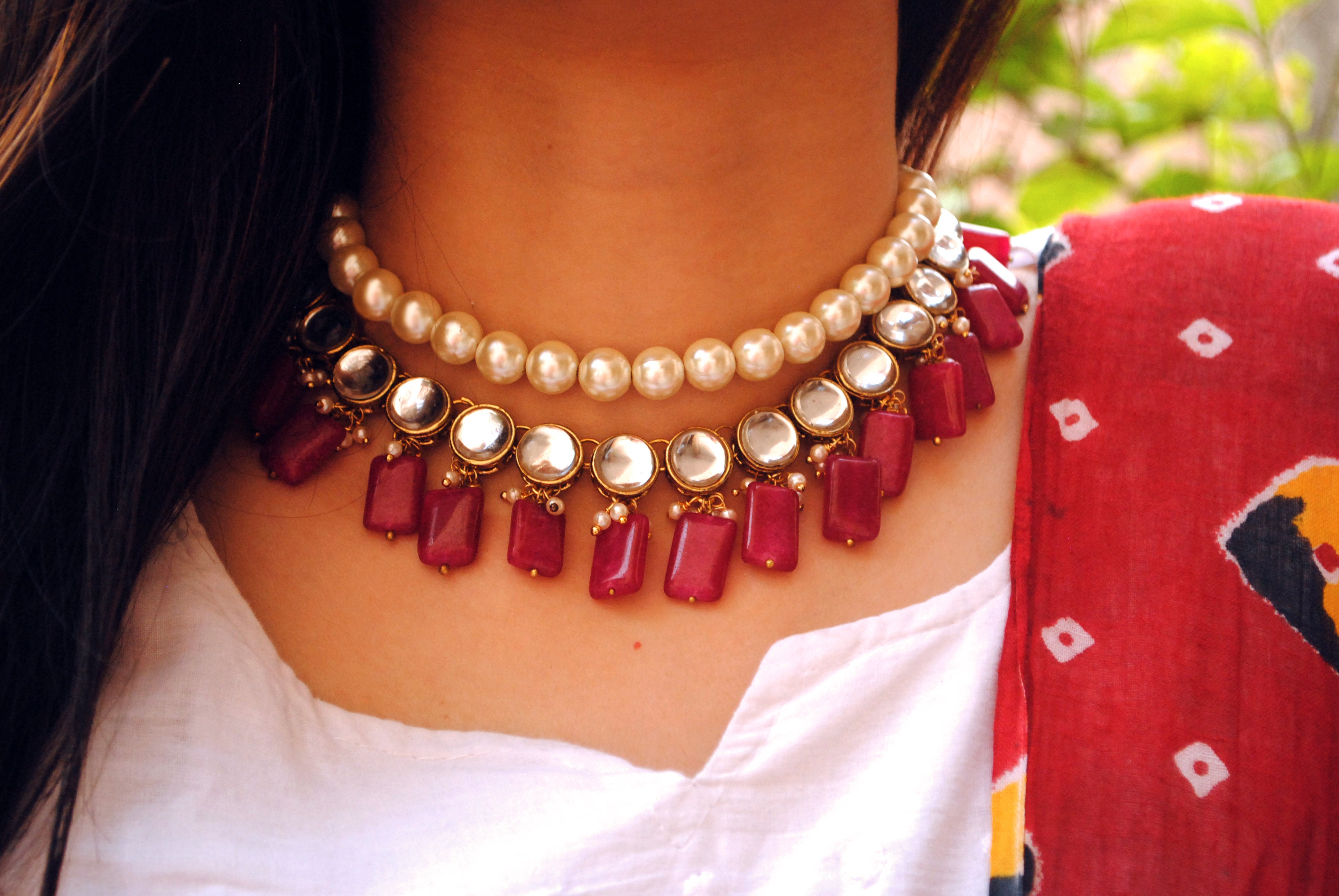 Women's Semi precious Red stone and kundan necklace - BeAbhika