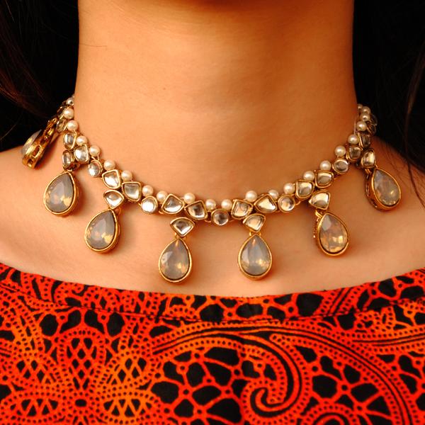 Women's Grey Crystal Kundan Necklace  - BeAbhika