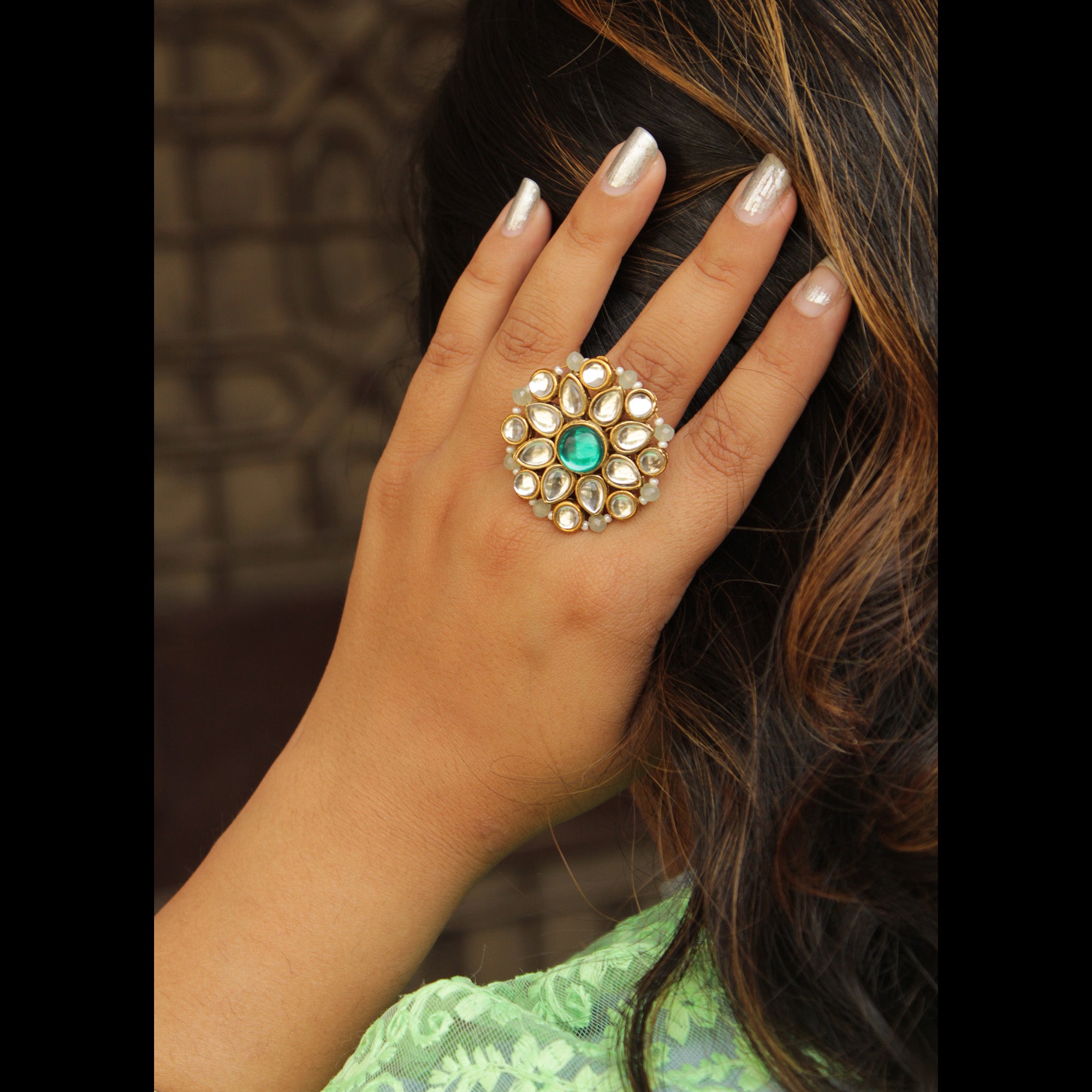 Women's Green kundan flower ring  - BeAbhika
