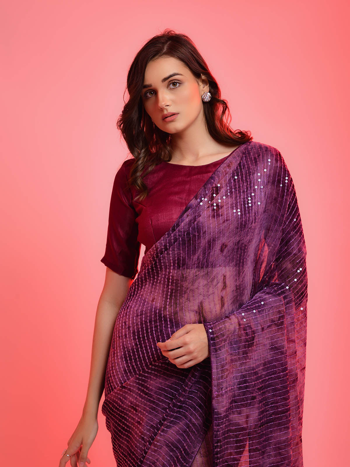 Women's Violet Chiffon Sequince Embroidered Saree - Odette