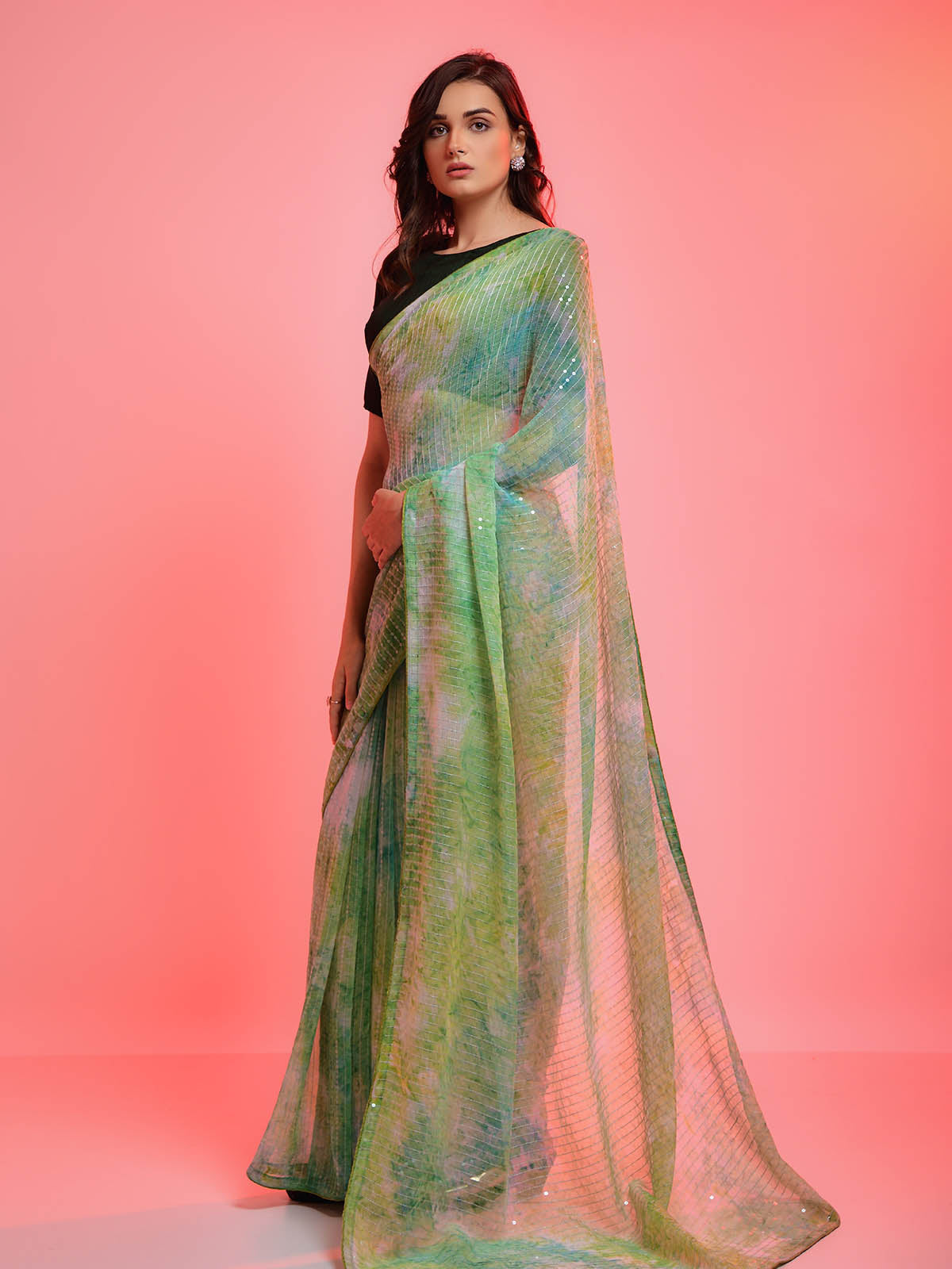 Women's Green Chiffon Sequince Embroidered Saree - Odette