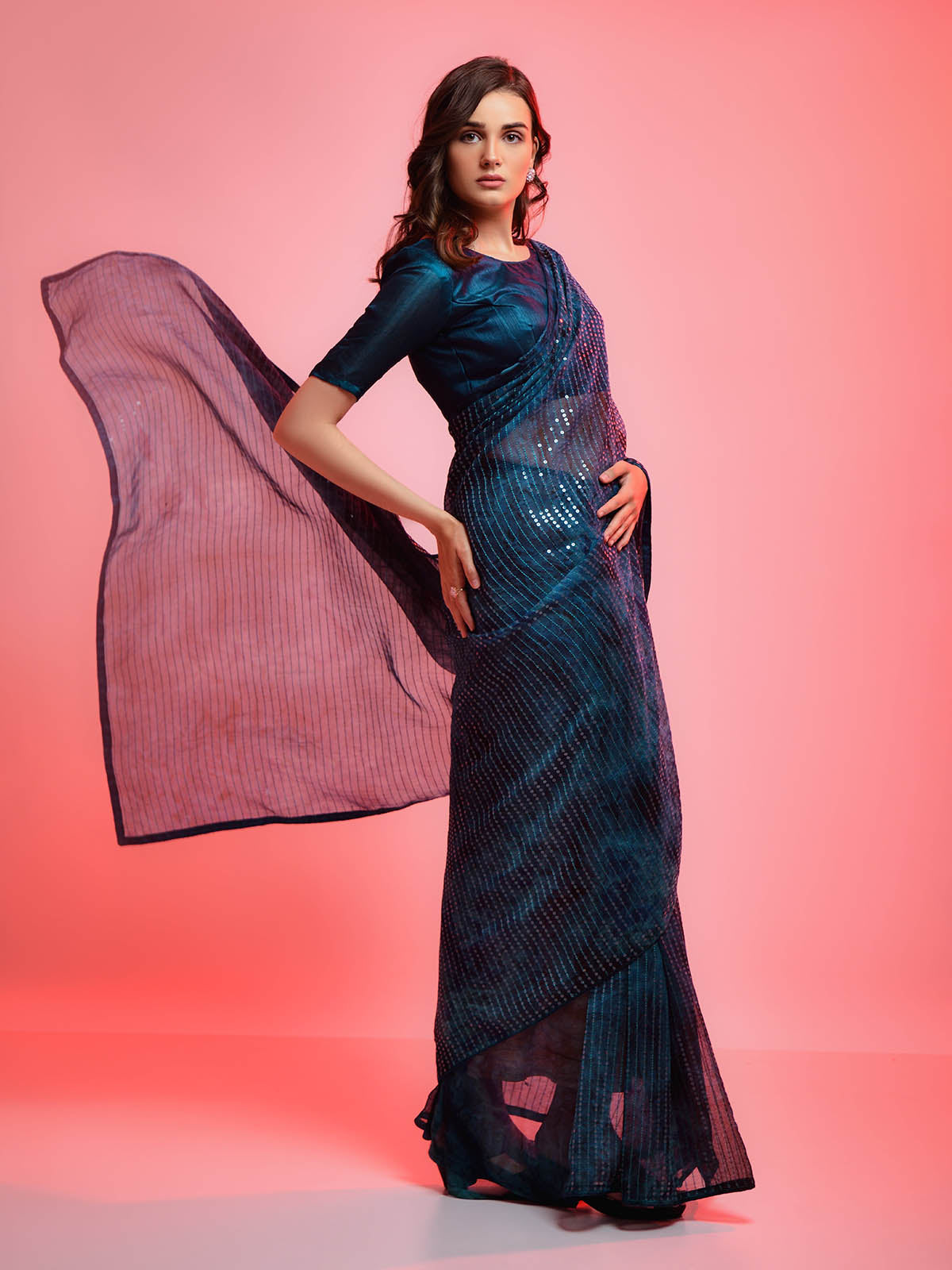 Women's Dark Blue Chiffon Sequince Embroidered Saree - Odette