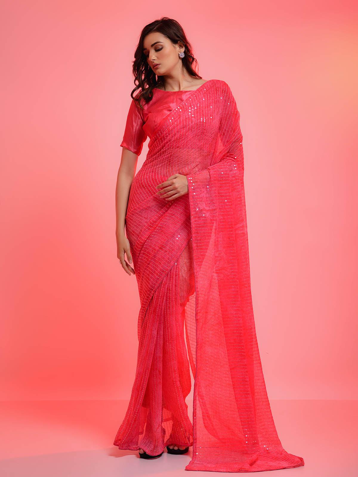 Women's Pink Chiffon Sequince Embroidered Saree - Odette