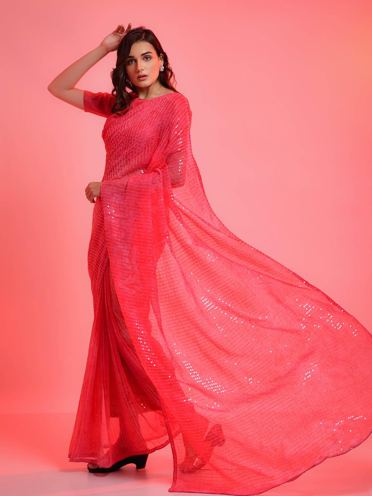 Women's Pink Chiffon Sequince Embroidered Saree - Odette