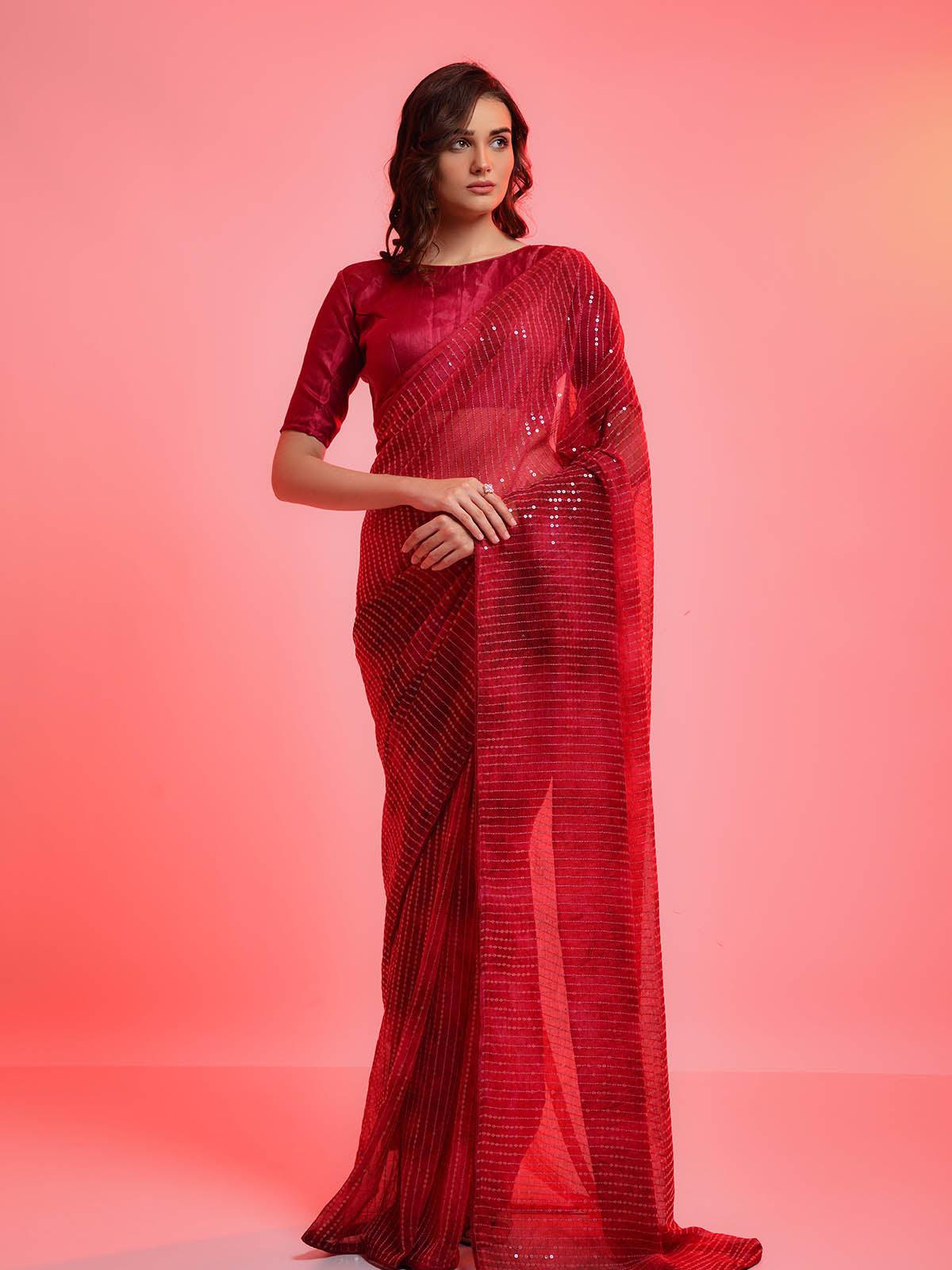 Women's Red Chiffon Sequince Embroidered Saree - Odette