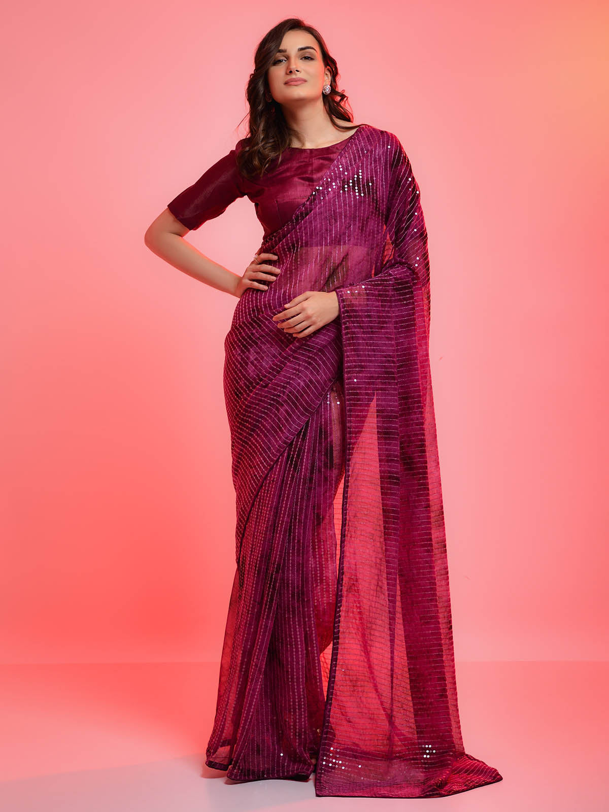 Women's Violet Chiffon Sequince Embroidered Saree - Odette
