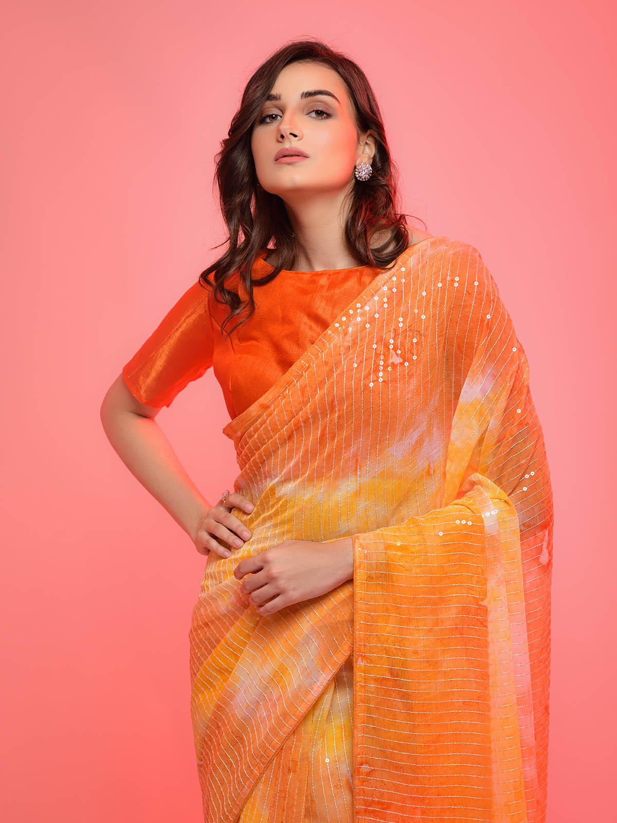 Women's Yellow Chiffon Sequince Embroidered Saree - Odette