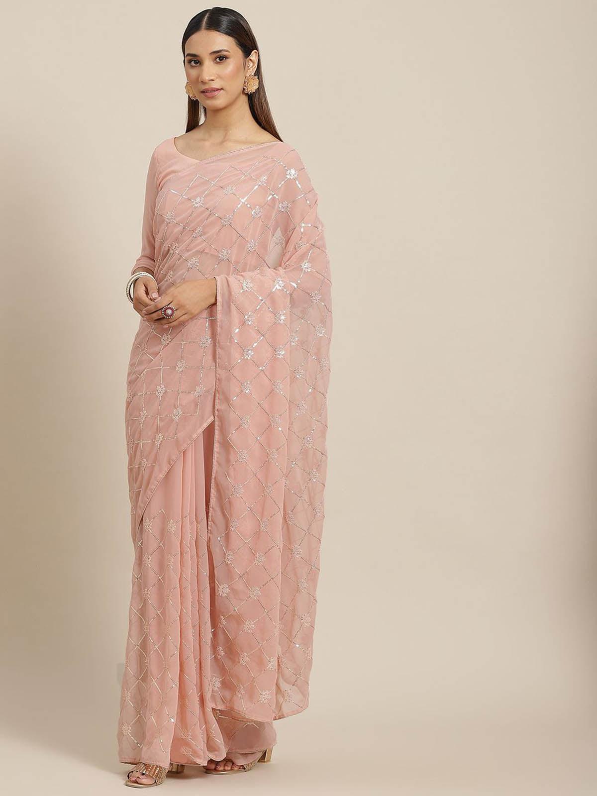 Women's Peach Georgette Embroidered Saree With Blouse - Odette