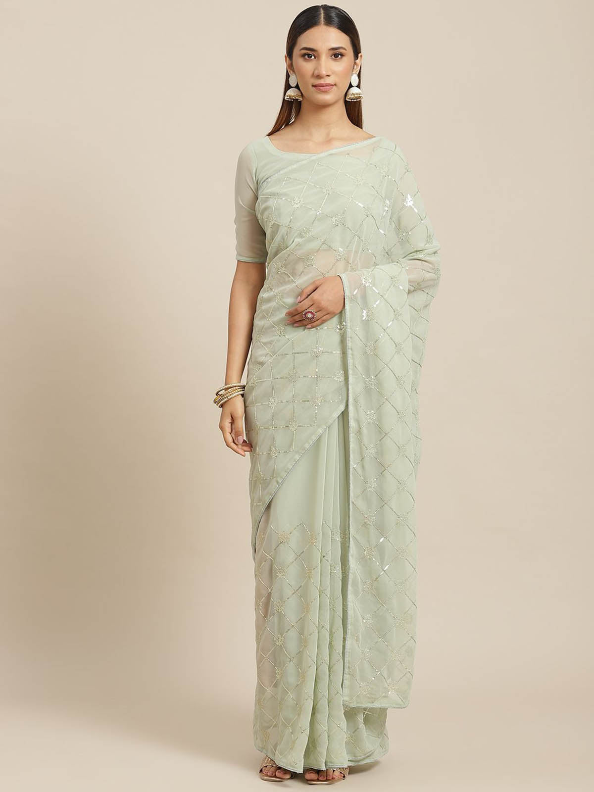 Women's Light Green Georgette Embroidered Saree With Blouse - Odette