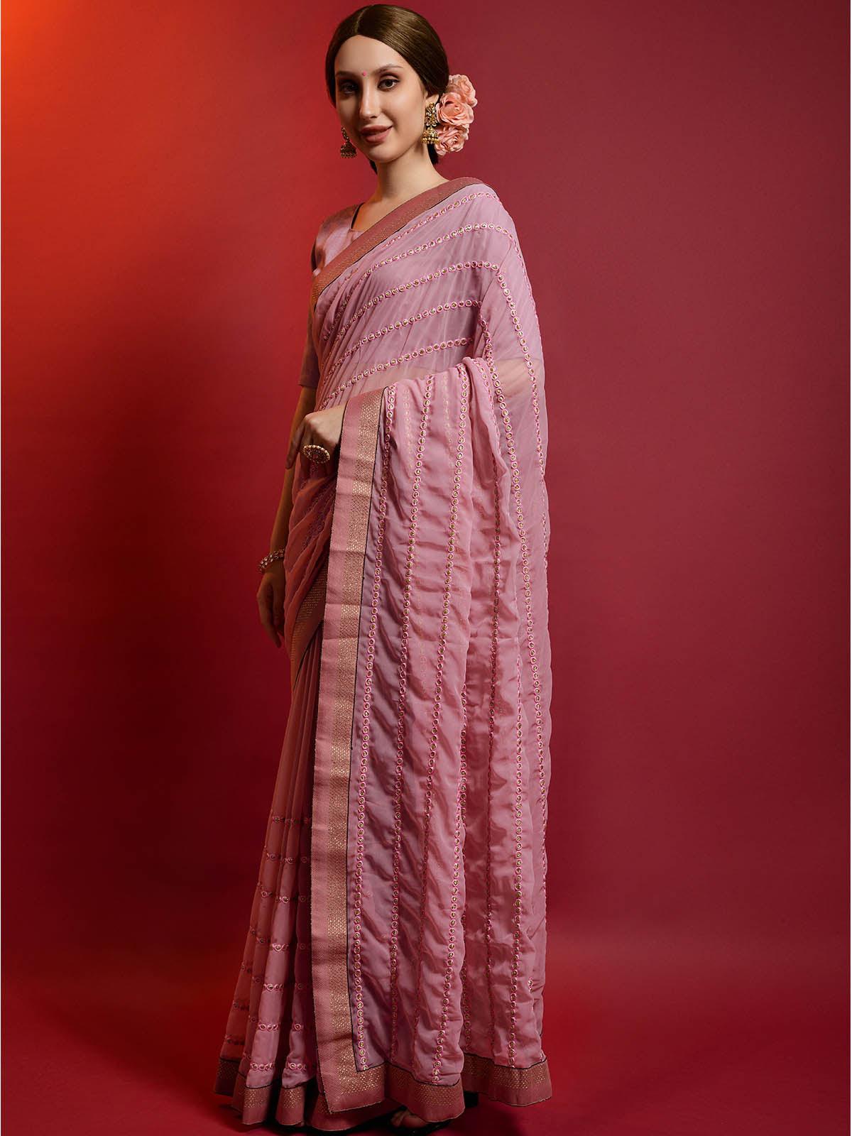 Women's Pink Georgette Saree With Blouse - Odette