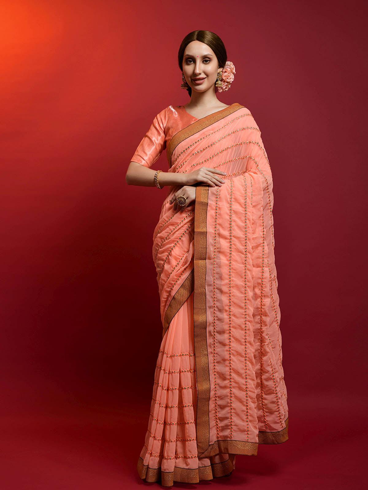 Women's Peach Georgette Saree With Blouse - Odette