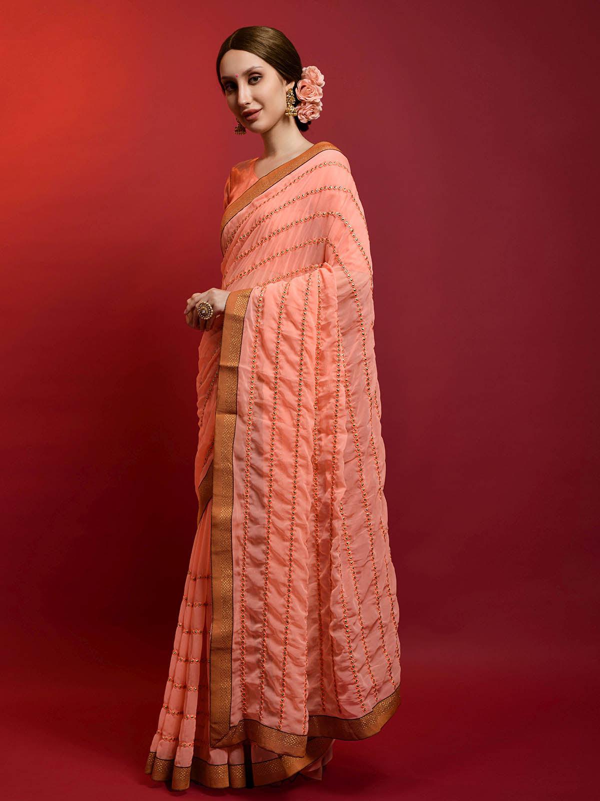 Women's Peach Georgette Saree With Blouse - Odette