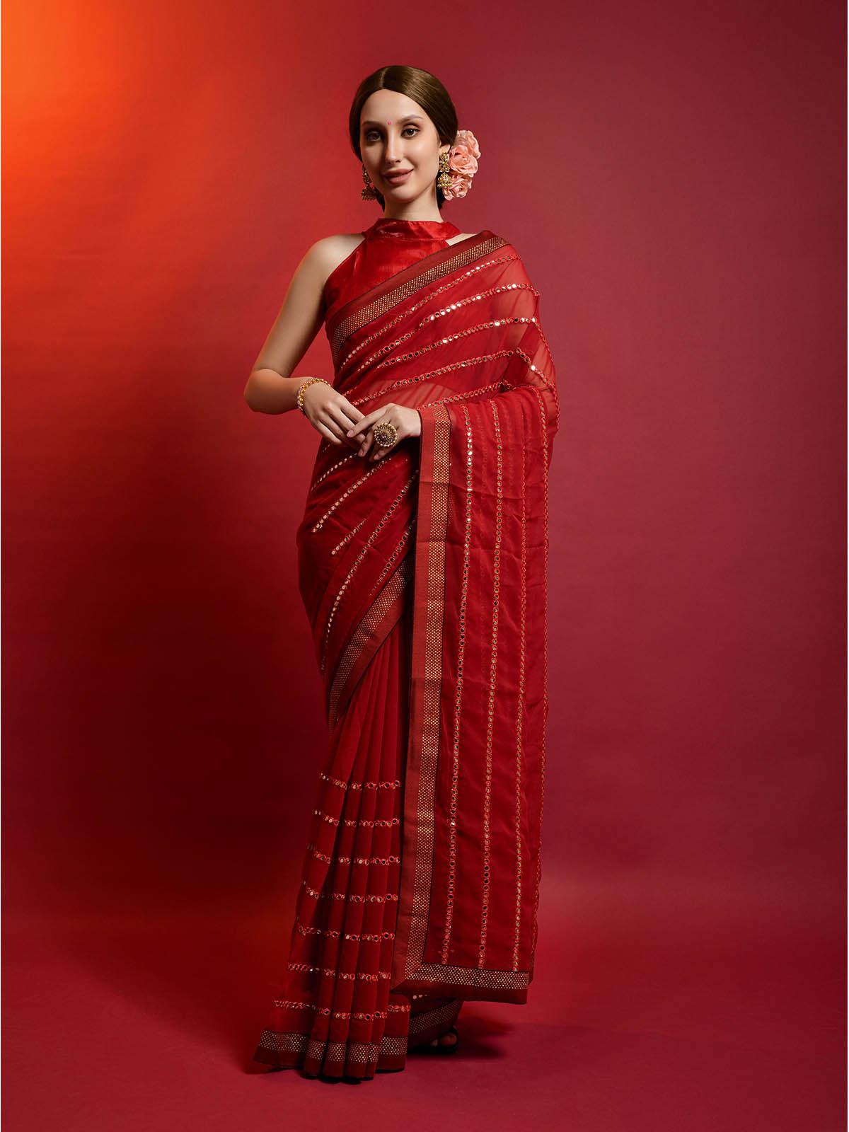 Women's Red Georgette Saree With Blouse - Odette