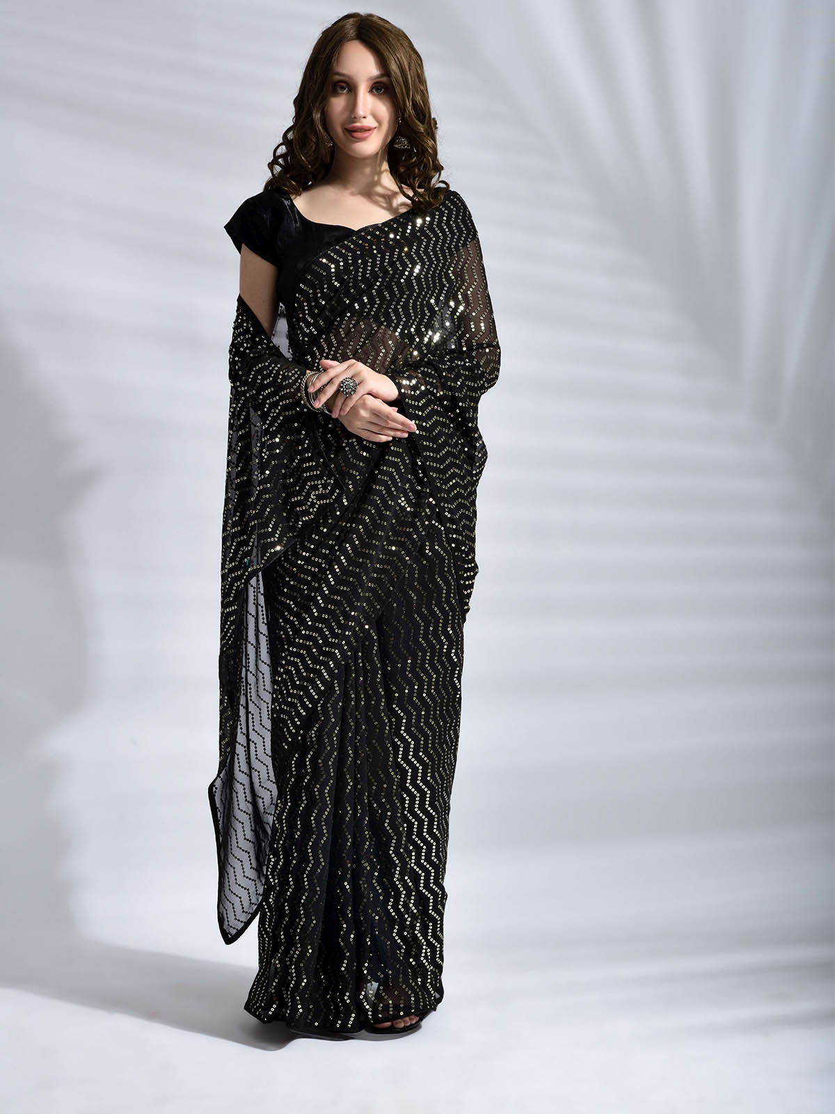 Women's Black Georgette Saree With Blouse - Odette