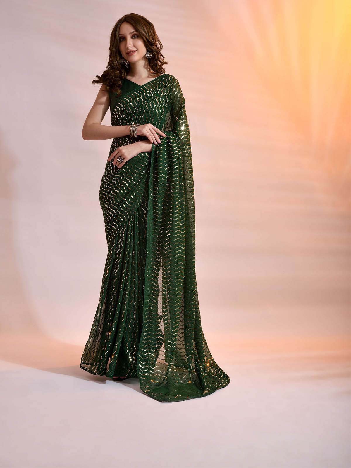 Women's Green Georgette Saree With Blouse - Odette