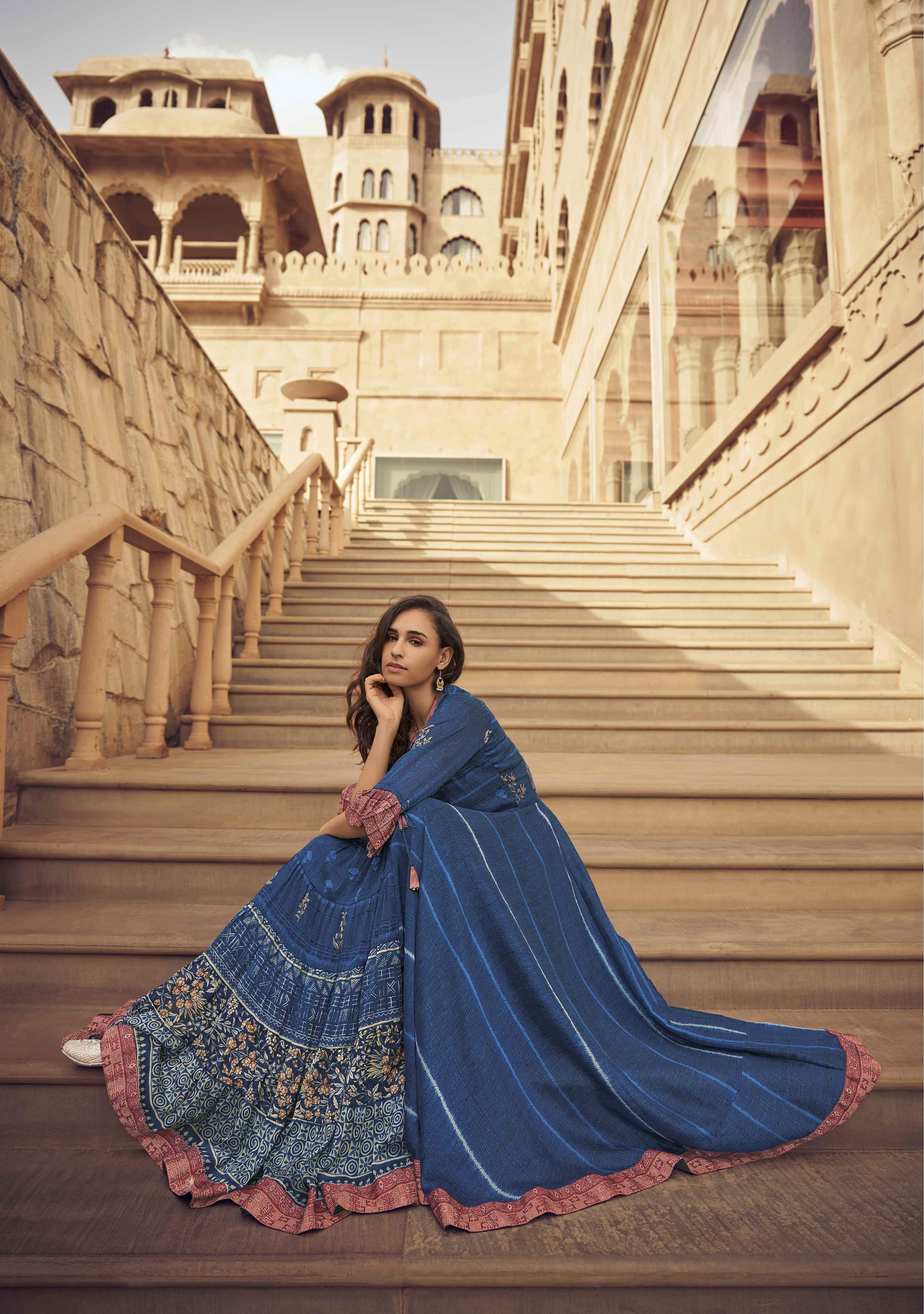 Women's  Blue Silk Blend Bollywood Kurta - Ad-2007 - Navyaa