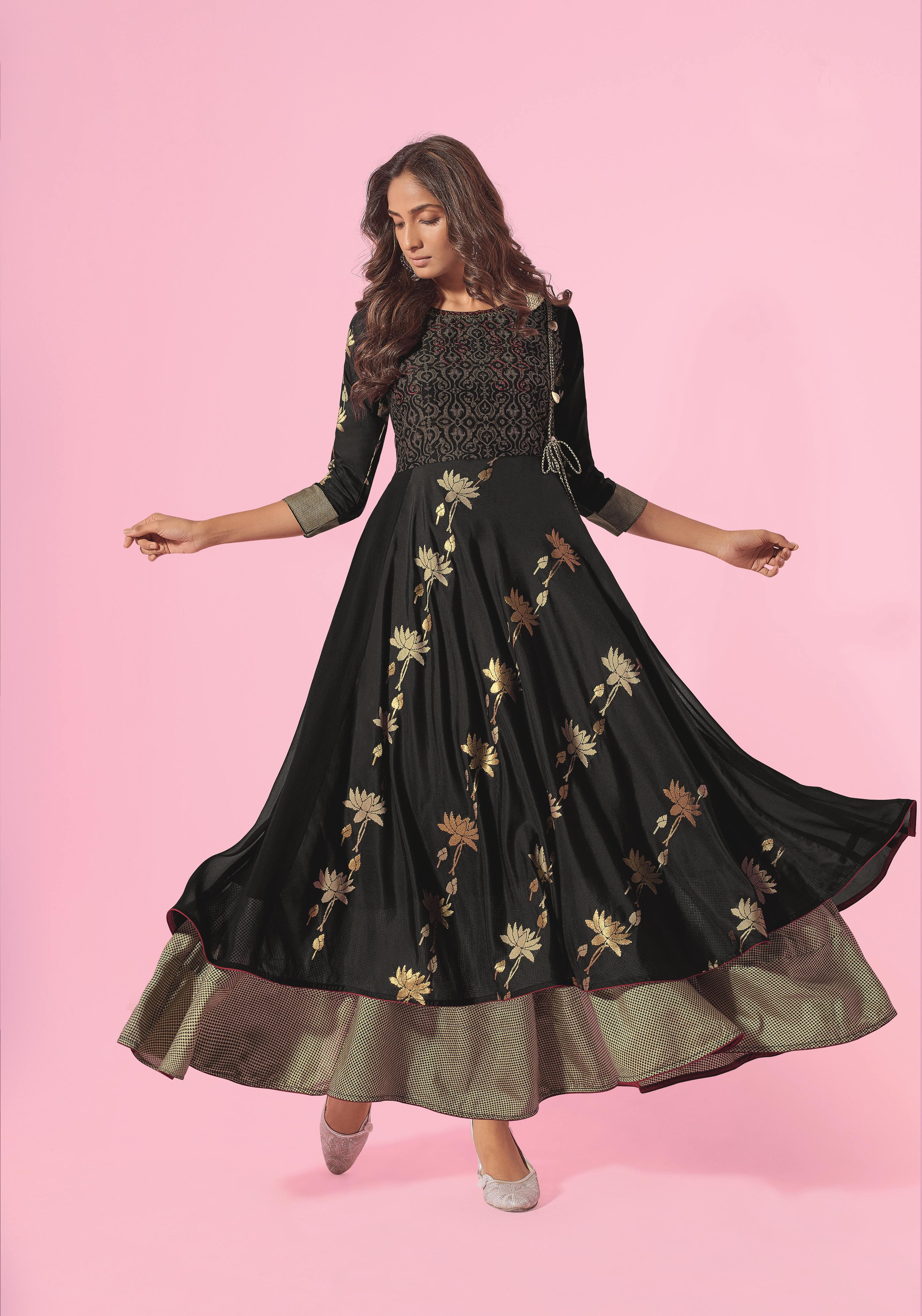 Women's  Black Color Blend Cotton Print With Jacquard Kurta Ad-2052 - Navyaa