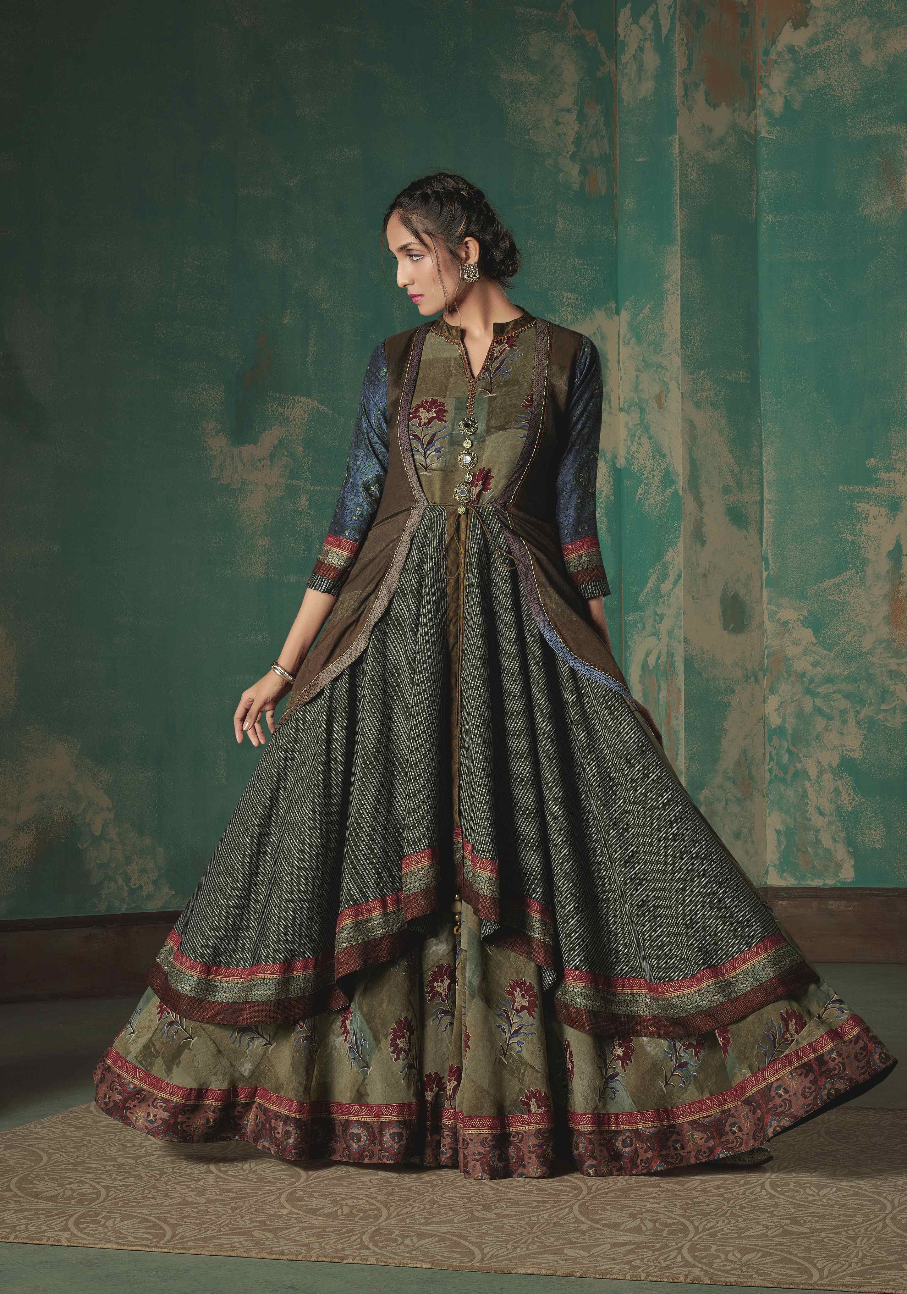 Women's Multi Color Blend Cotton Printed Gown And Jacket Ad-3004 - Navyaa