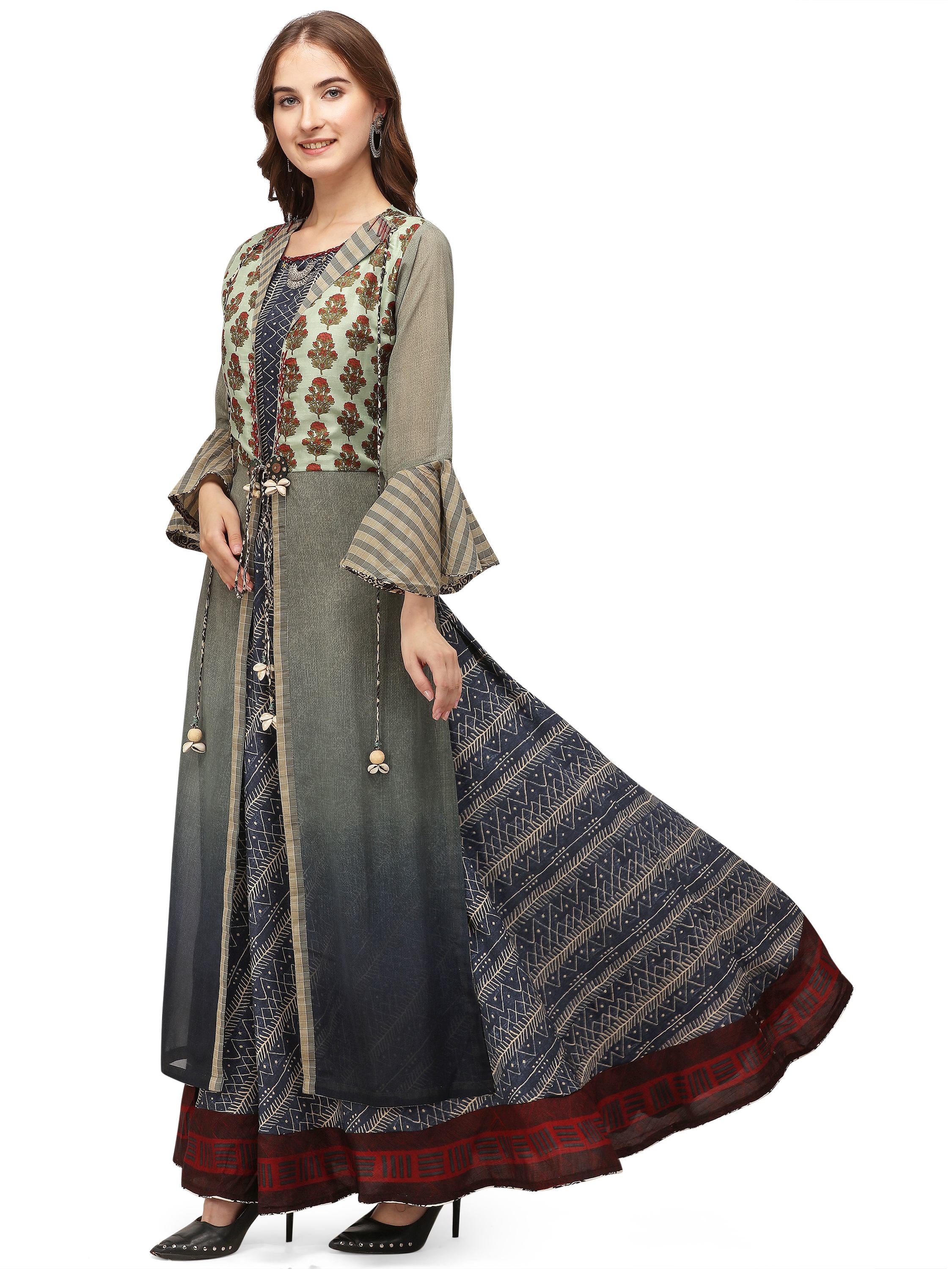 Women's Multi Color Blend Cotton Printed Gown And Jacket Ad-3005 - Navyaa