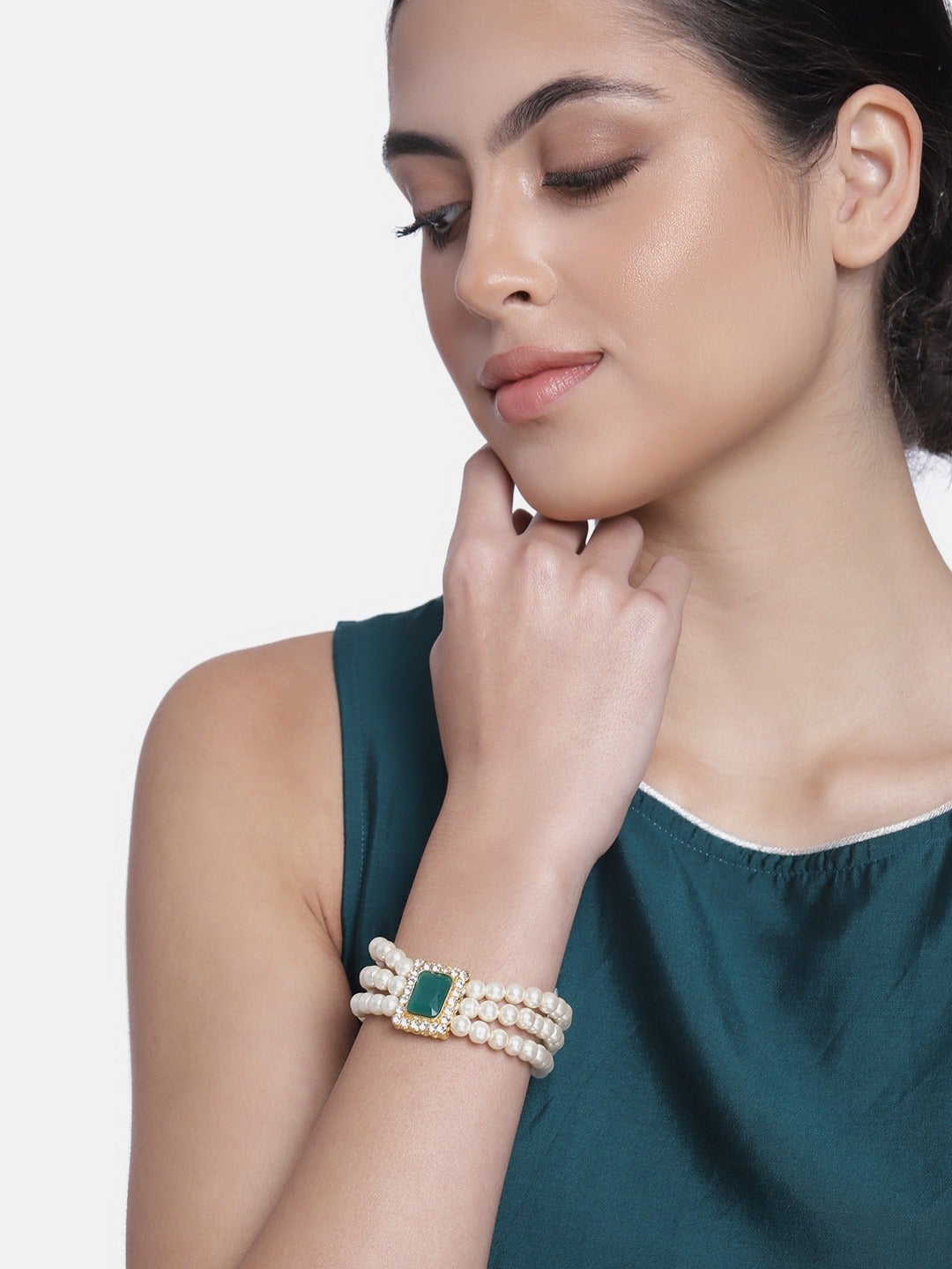 Women's 3 Layered Emerald Stone Beaded Pearl Bracelets - I Jewels