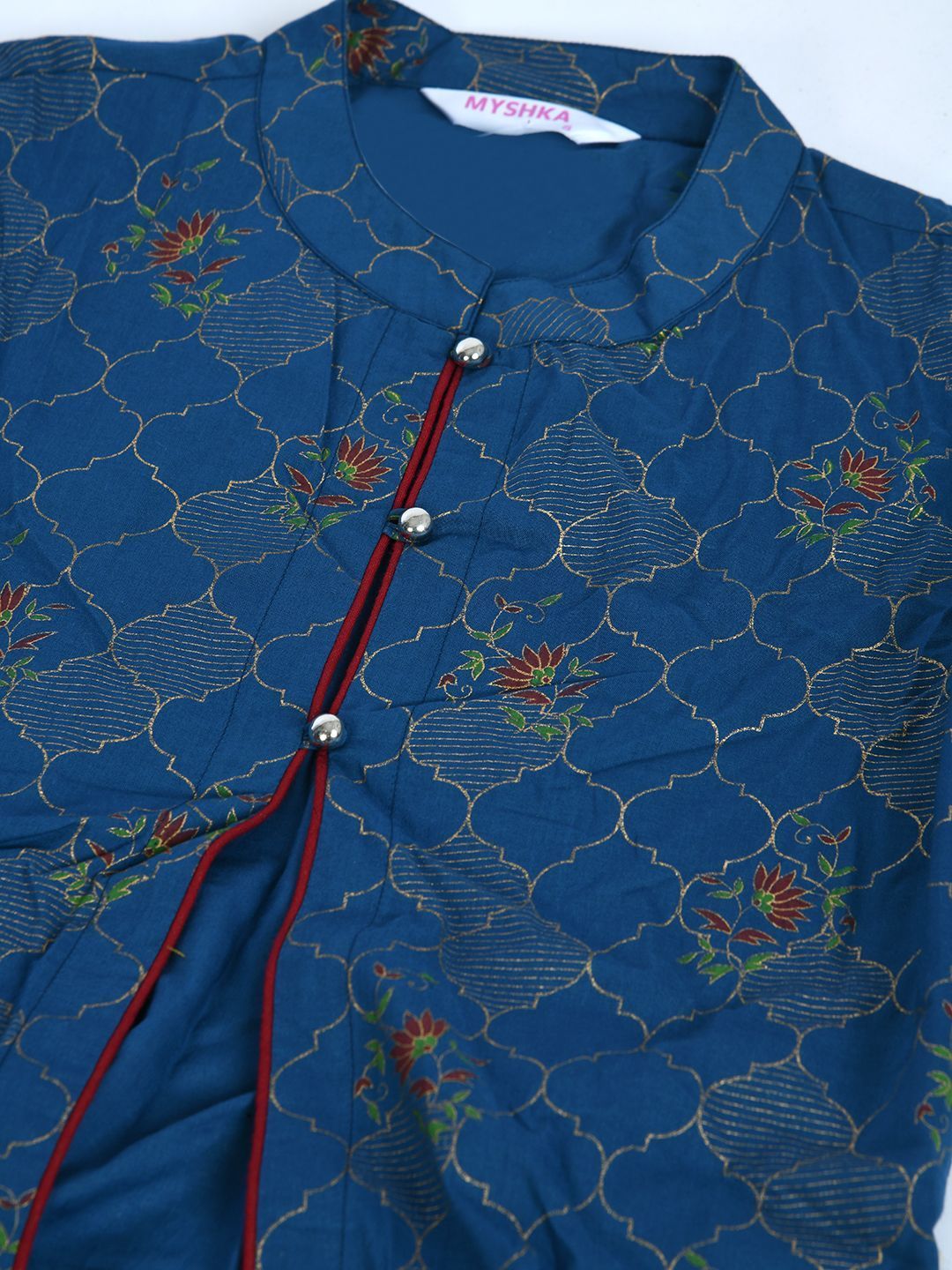 Women's Blue Cotton Printed Full Sleeve Mandarin Neck Casual Kurta Jacket Set - Myshka