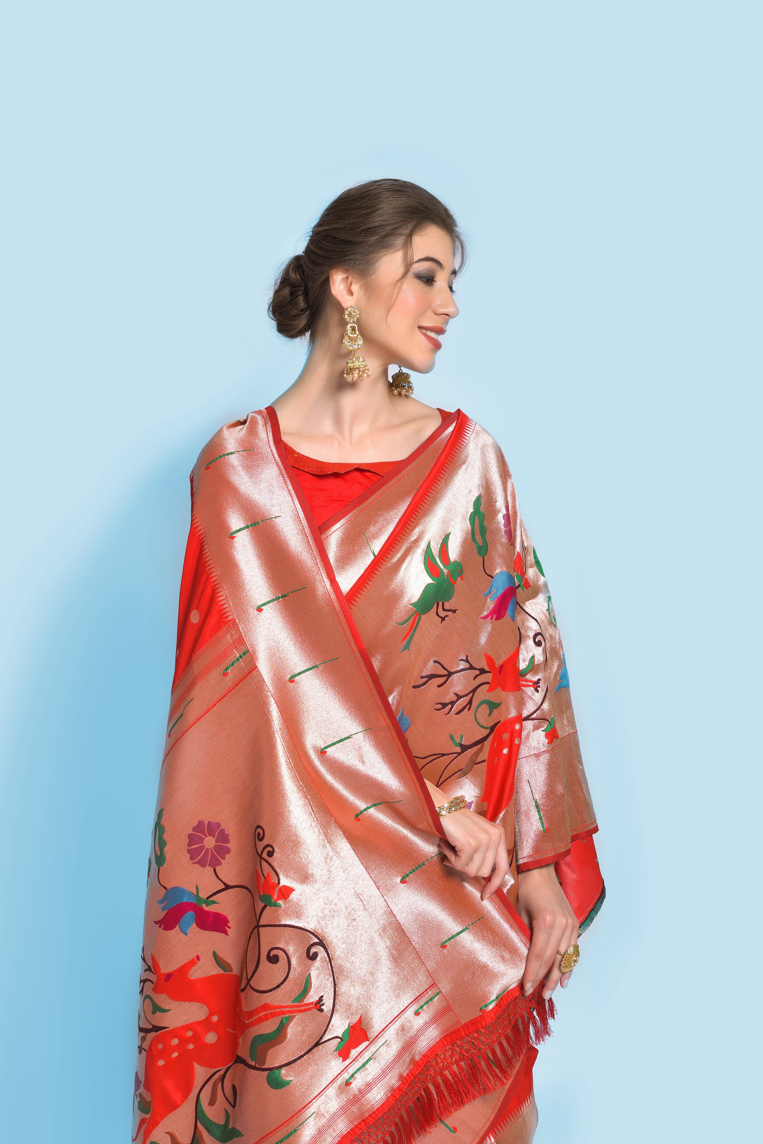 Women's Red Paithani Silk Zari Woven Saree With Blouse  (Saree Blouse Without stitch) - Aastha Fashion