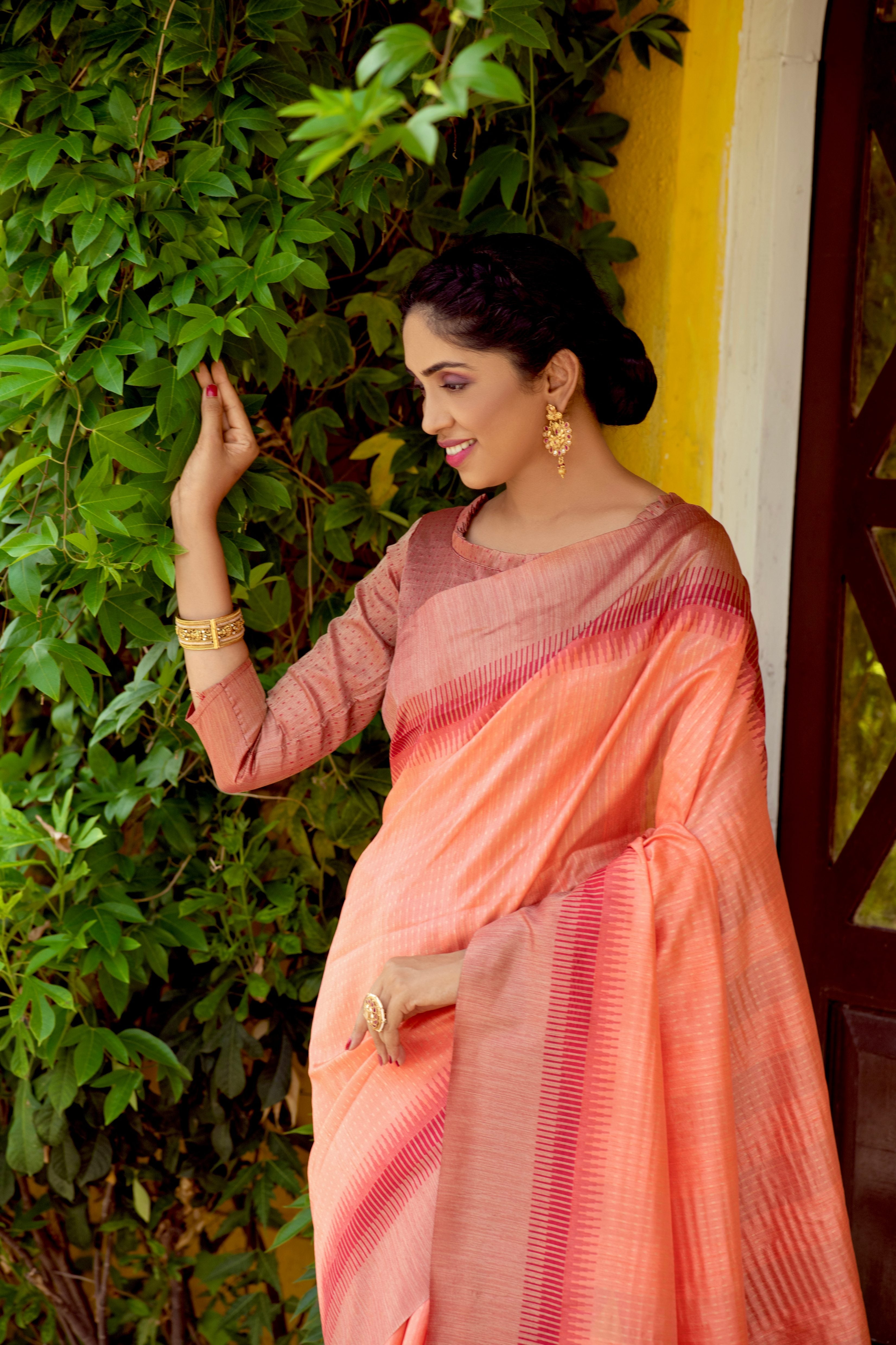 Women's Orange South Silk Zari Woven Saree With Blouse  (Saree Blouse Without stitch) - Aastha Fashion