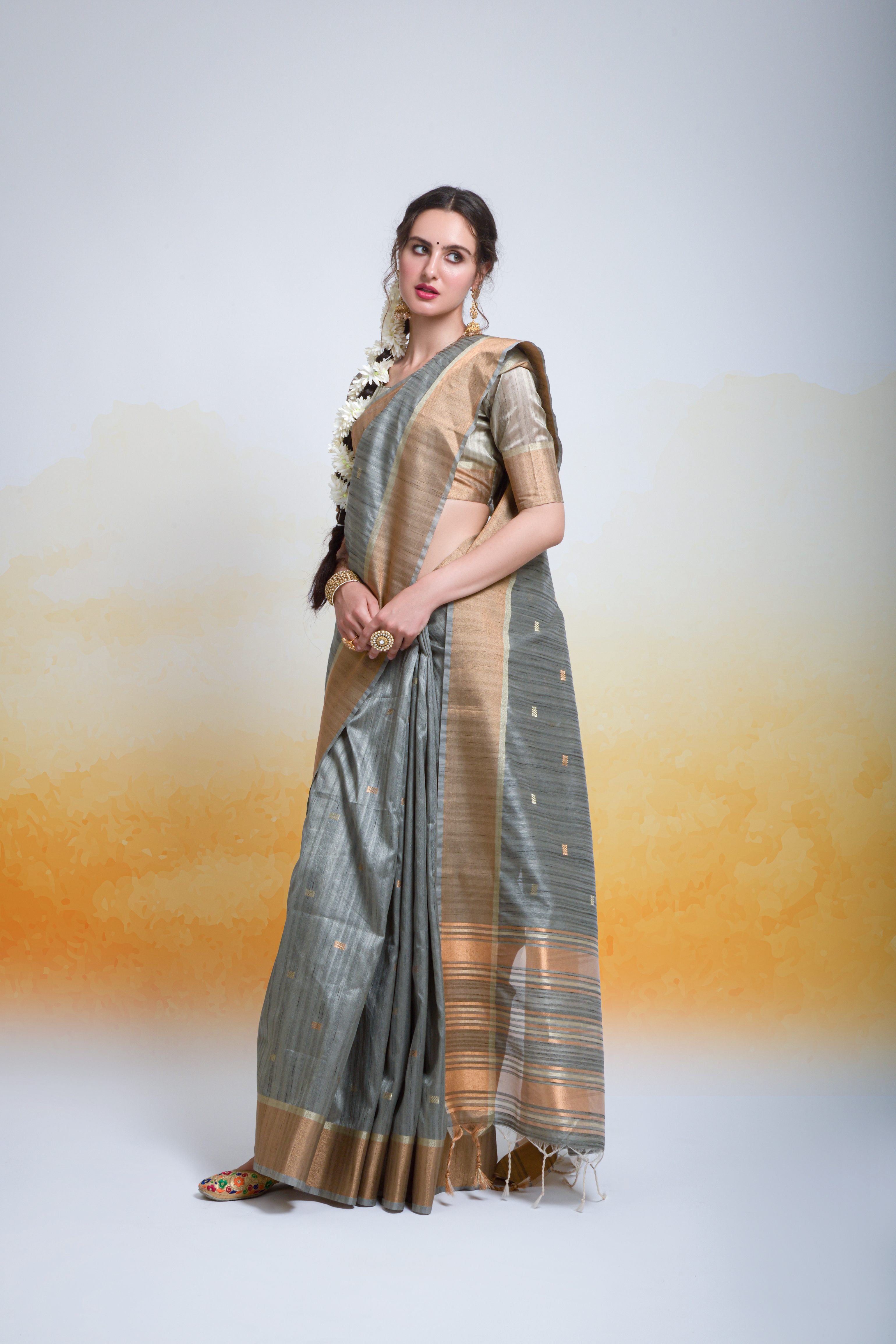 Women's Grey Cotton Silk Zari Woven Saree With Blouse  (Saree Blouse Without stitch) - Aastha Fashion