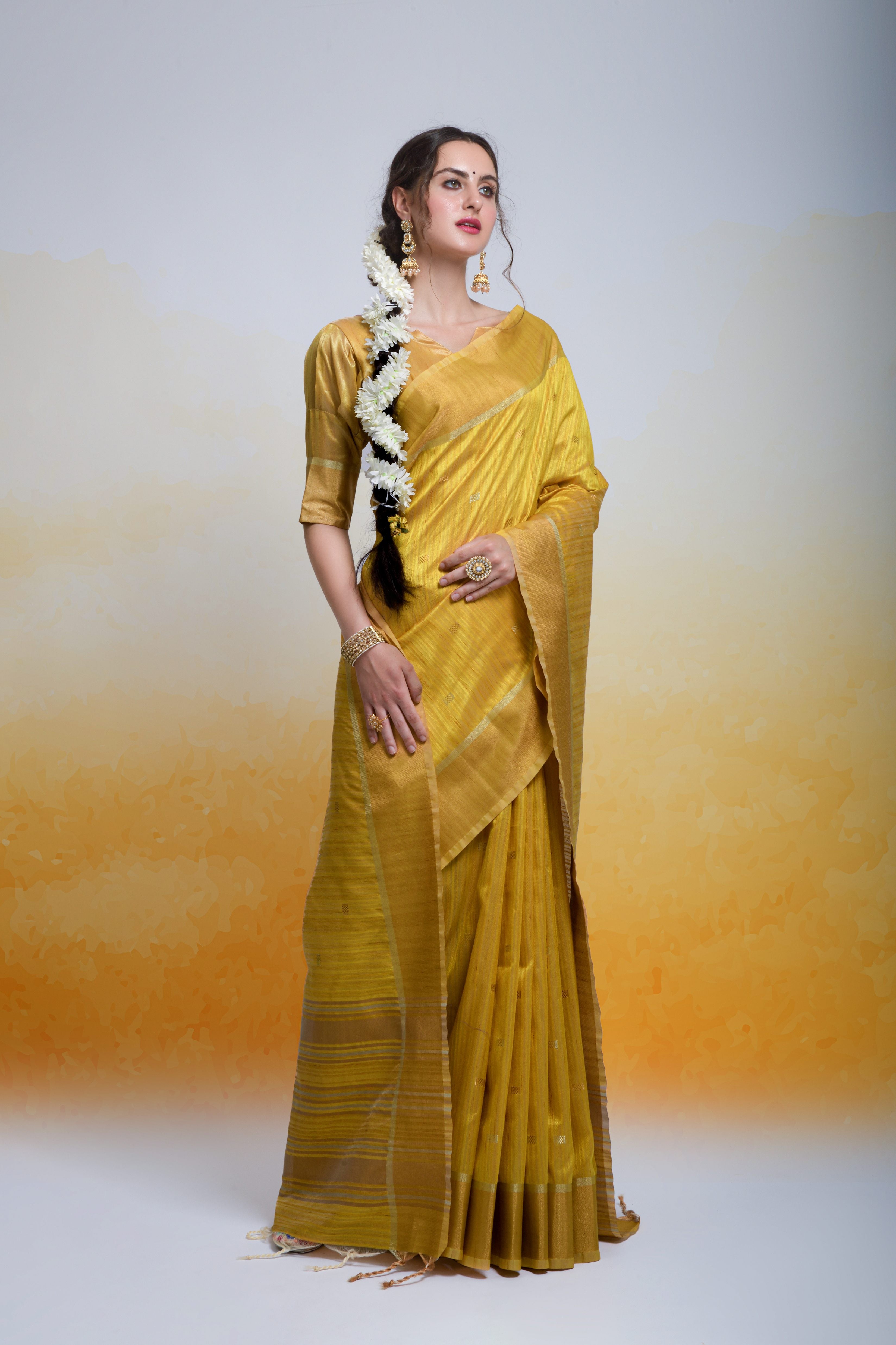 Women's Mustard Cotton Silk Zari Woven Saree With Blouse  (Saree Blouse Without stitch) - Aastha Fashion