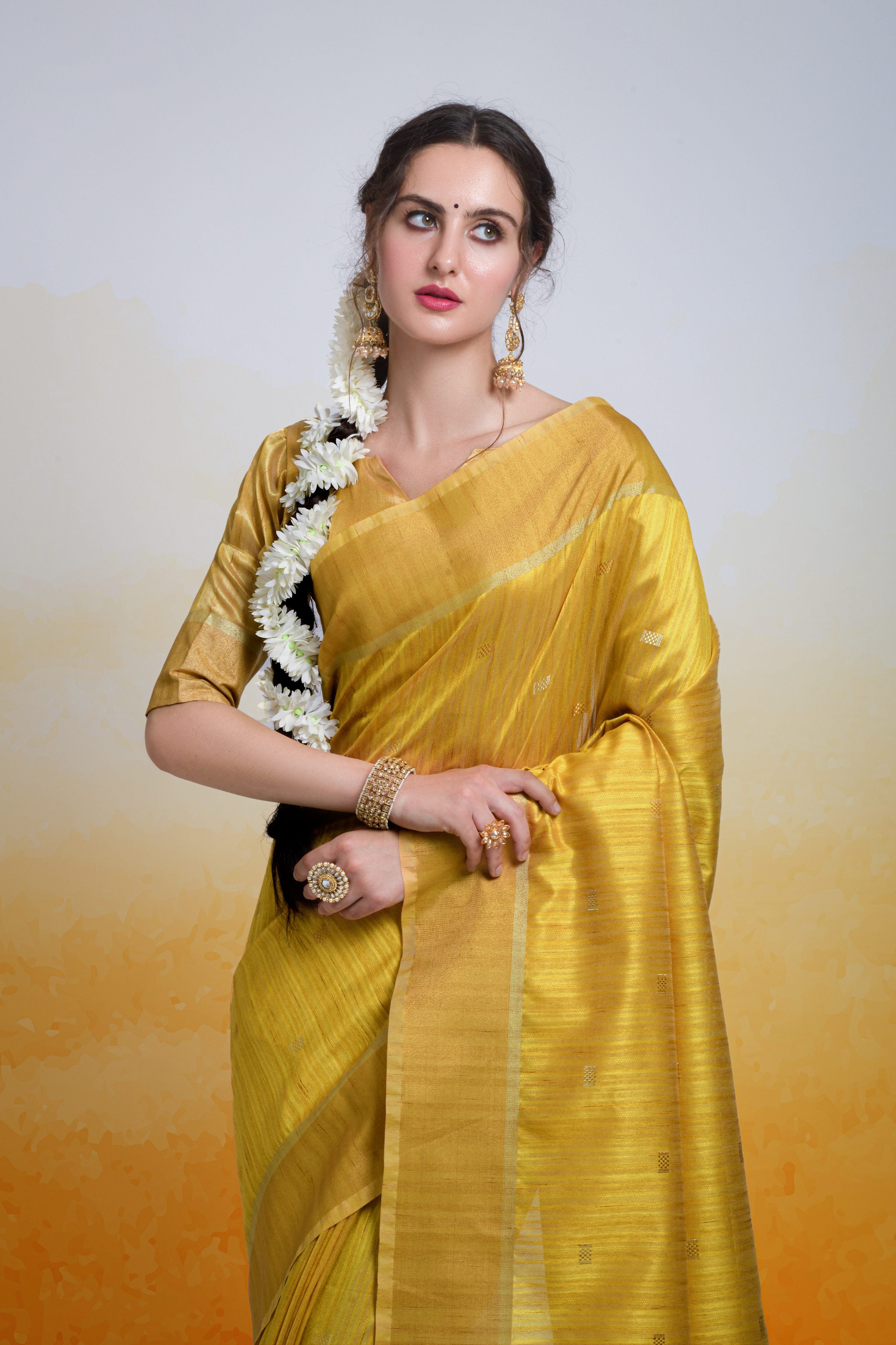 Women's Mustard Cotton Silk Zari Woven Saree With Blouse  (Saree Blouse Without stitch) - Aastha Fashion