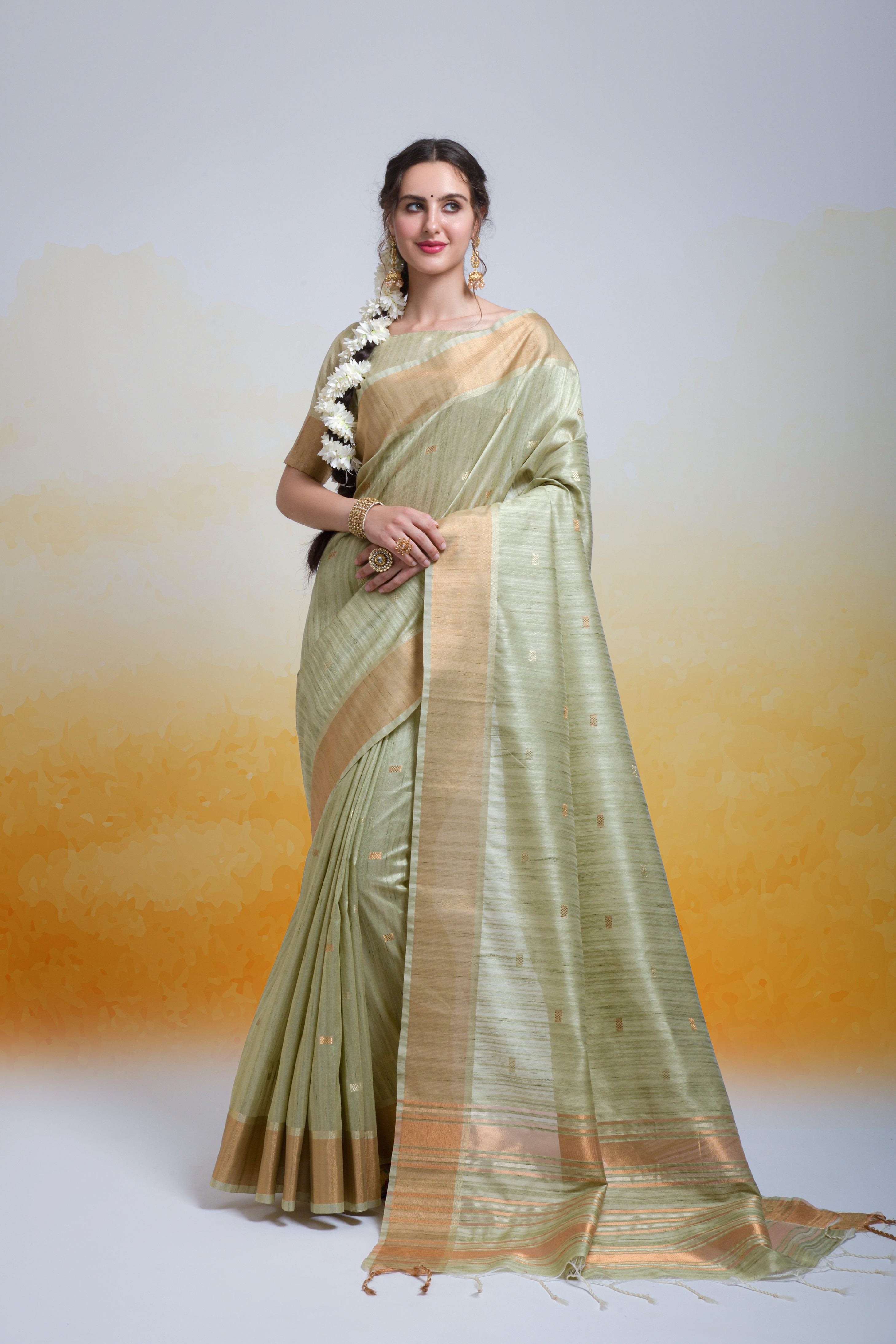 Women's Pista Cotton Silk Zari Woven Saree With Blouse  (Saree Blouse Without stitch) - Aastha Fashion