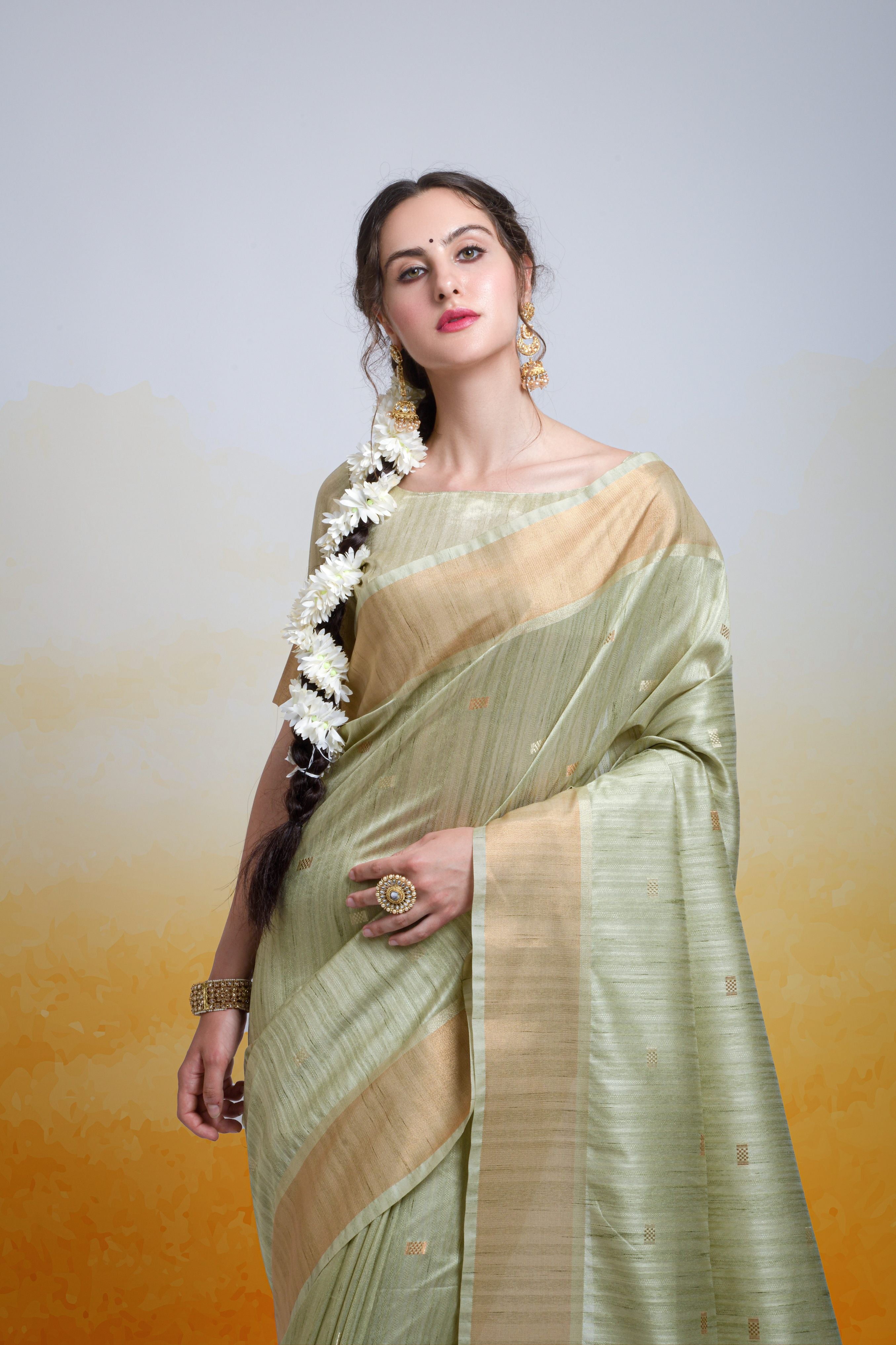 Women's Pista Cotton Silk Zari Woven Saree With Blouse  (Saree Blouse Without stitch) - Aastha Fashion
