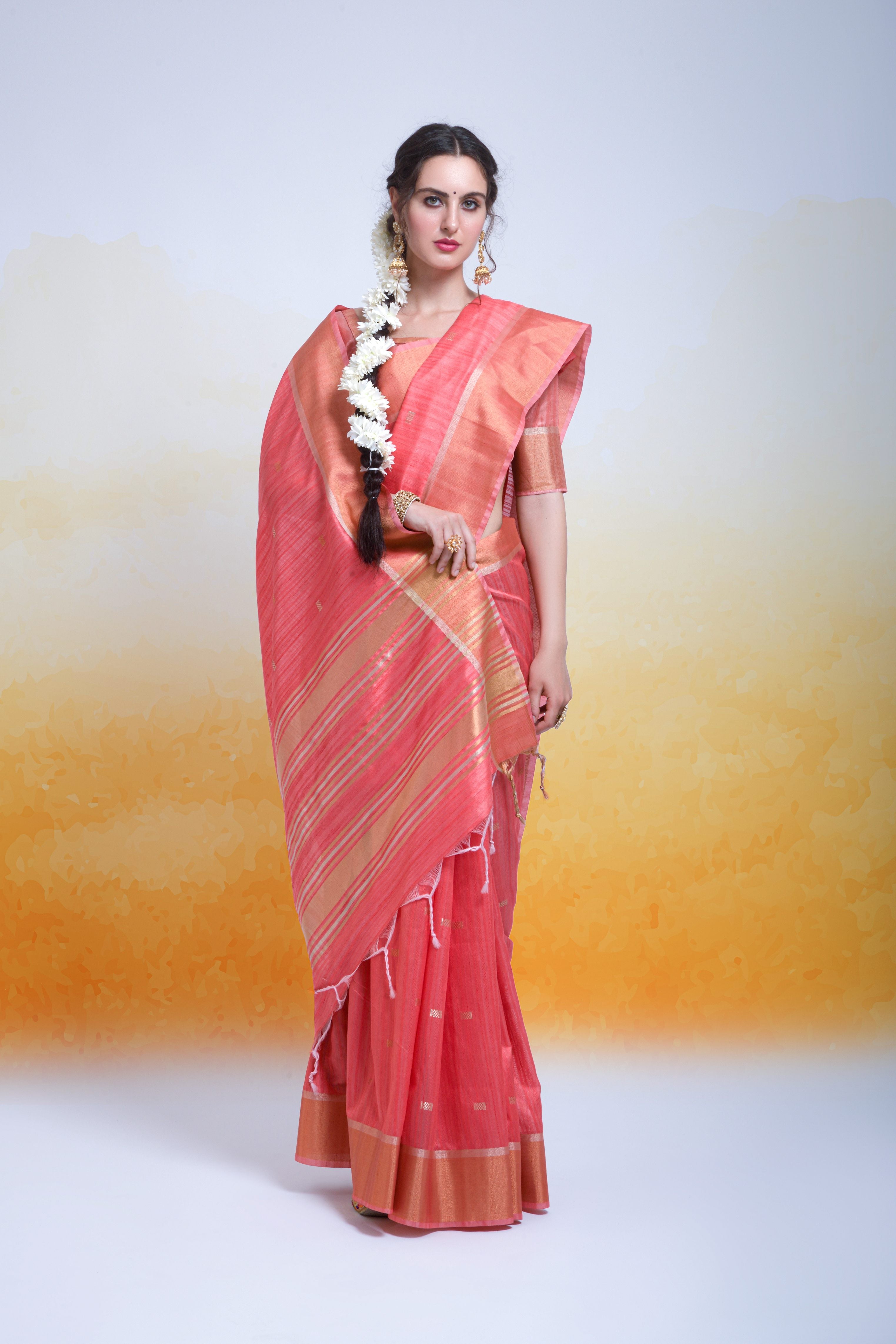 Women's Rani Pink Cotton Silk Zari Woven Saree With Blouse  (Saree Blouse Without stitch) - Aastha Fashion