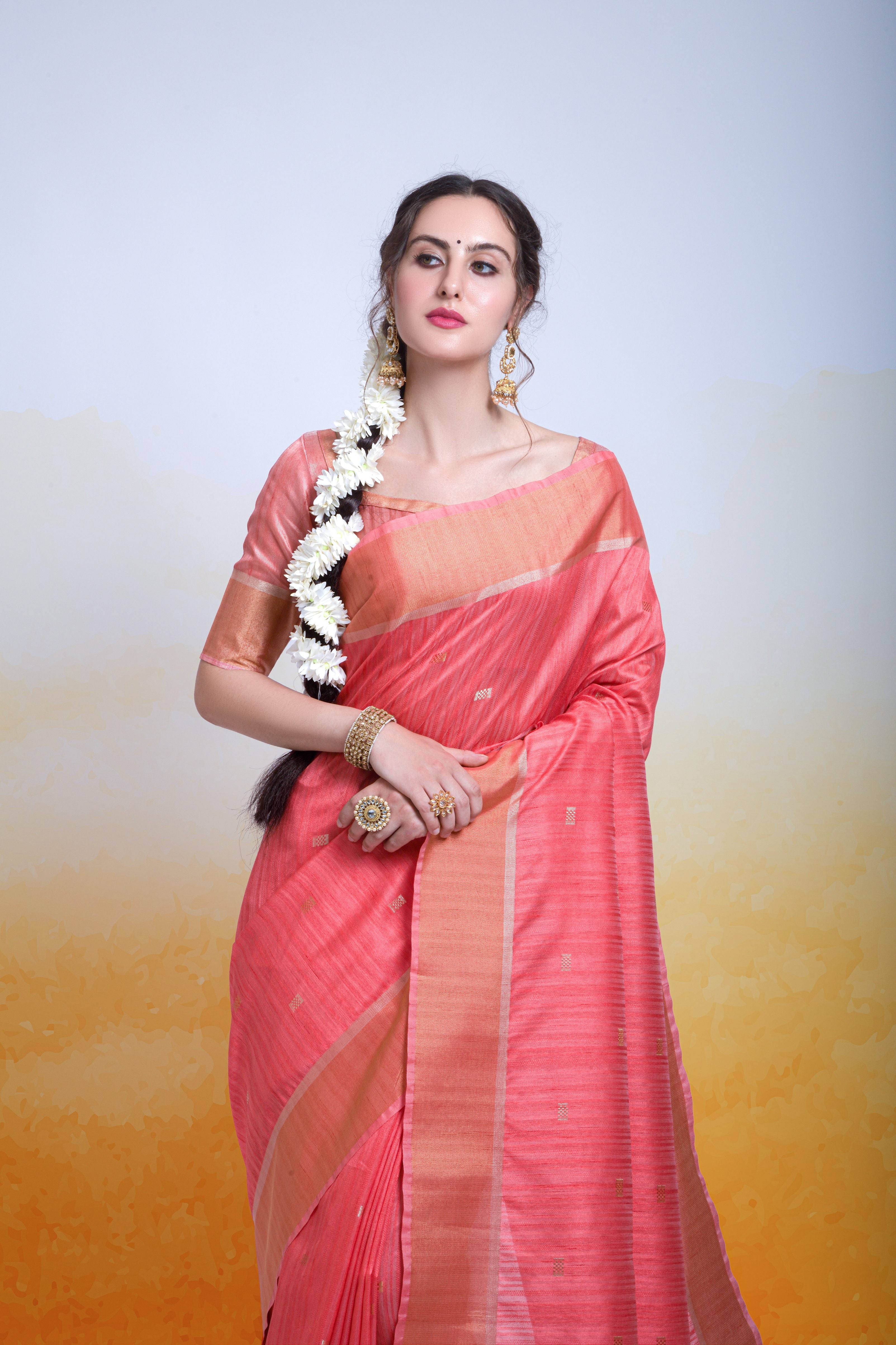Women's Rani Pink Cotton Silk Zari Woven Saree With Blouse  (Saree Blouse Without stitch) - Aastha Fashion