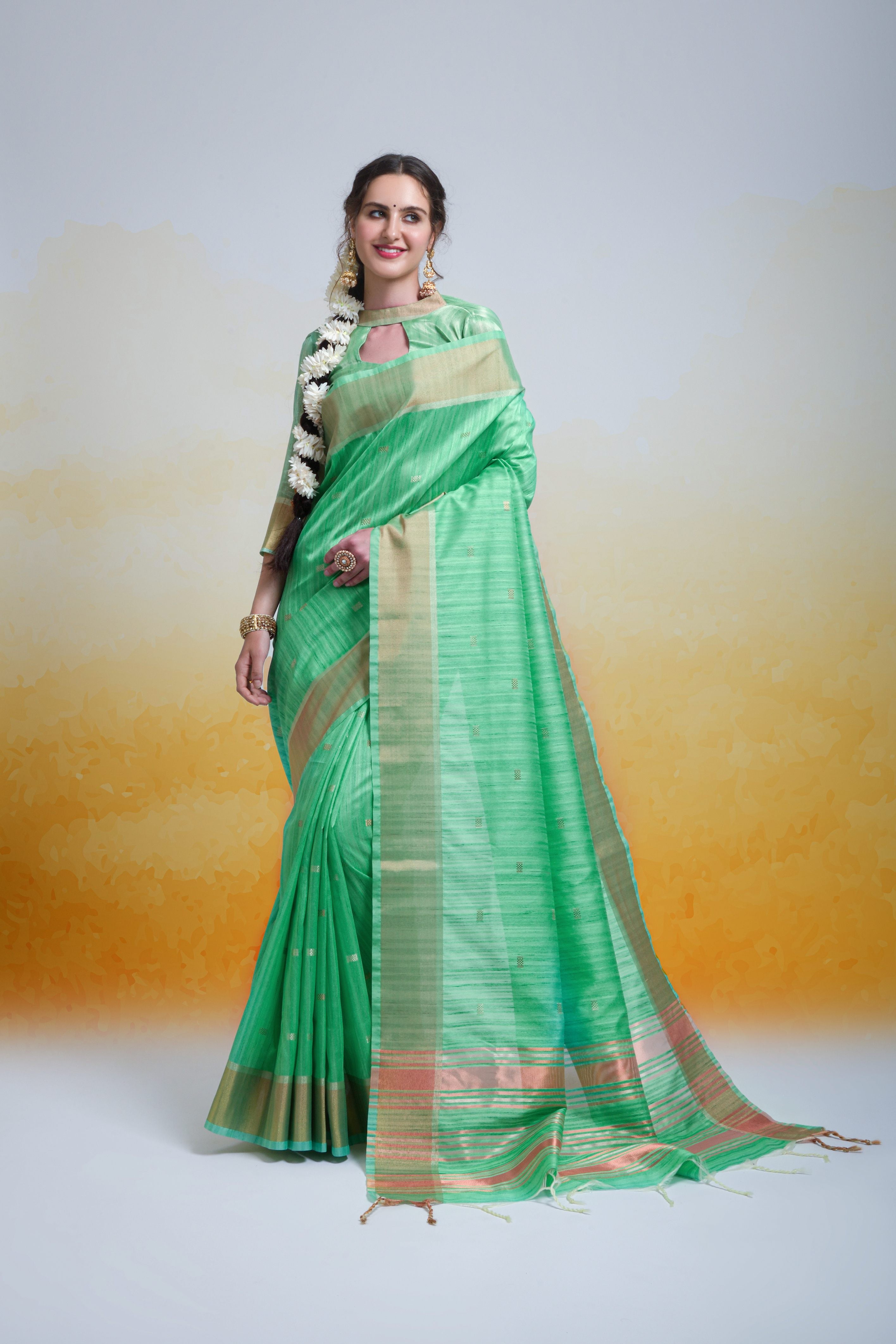 Women's Sea Green Cotton Silk Zari Woven Saree With Blouse  (Saree Blouse Without stitch) - Aastha Fashion