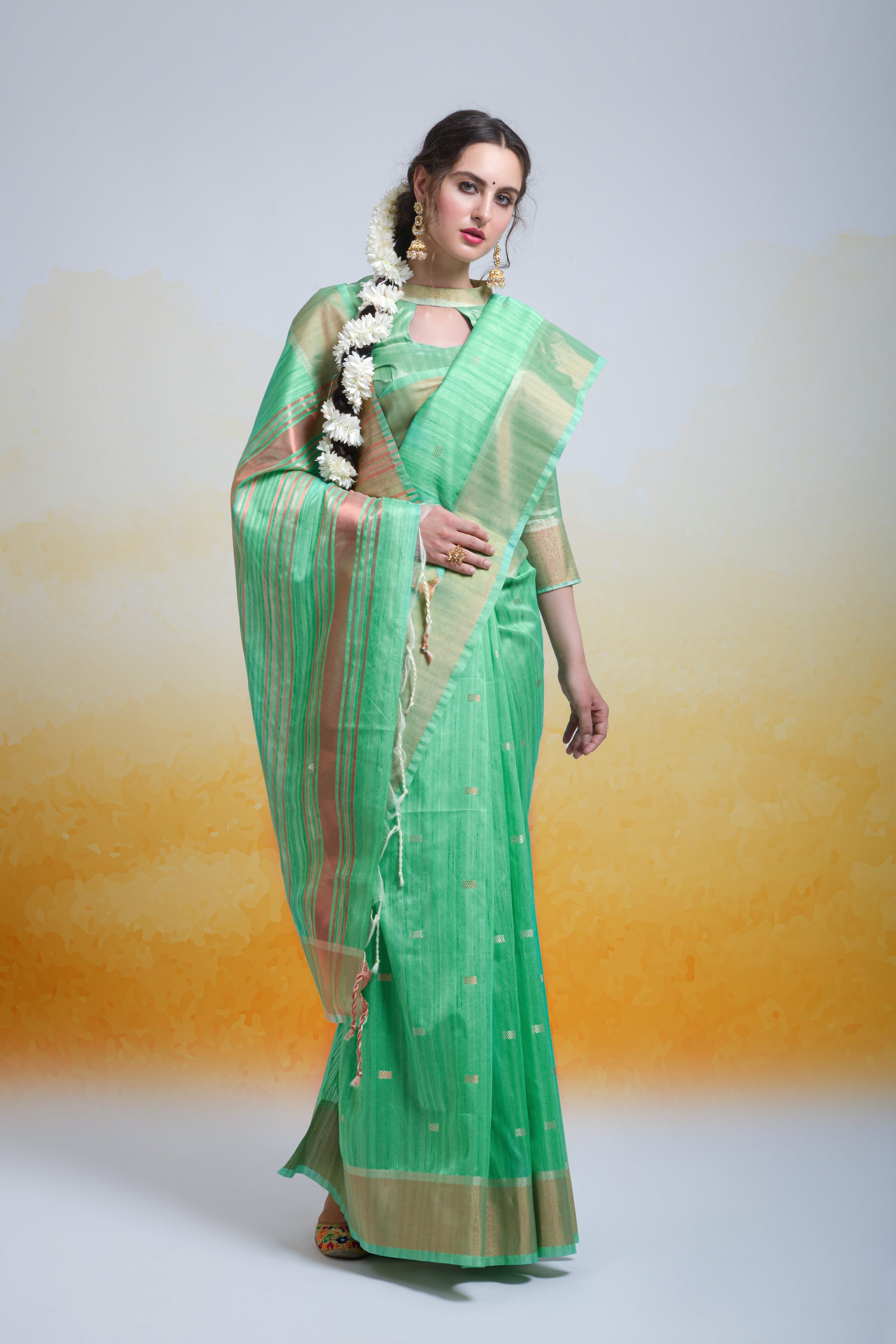 Women's Sea Green Cotton Silk Zari Woven Saree With Blouse  (Saree Blouse Without stitch) - Aastha Fashion