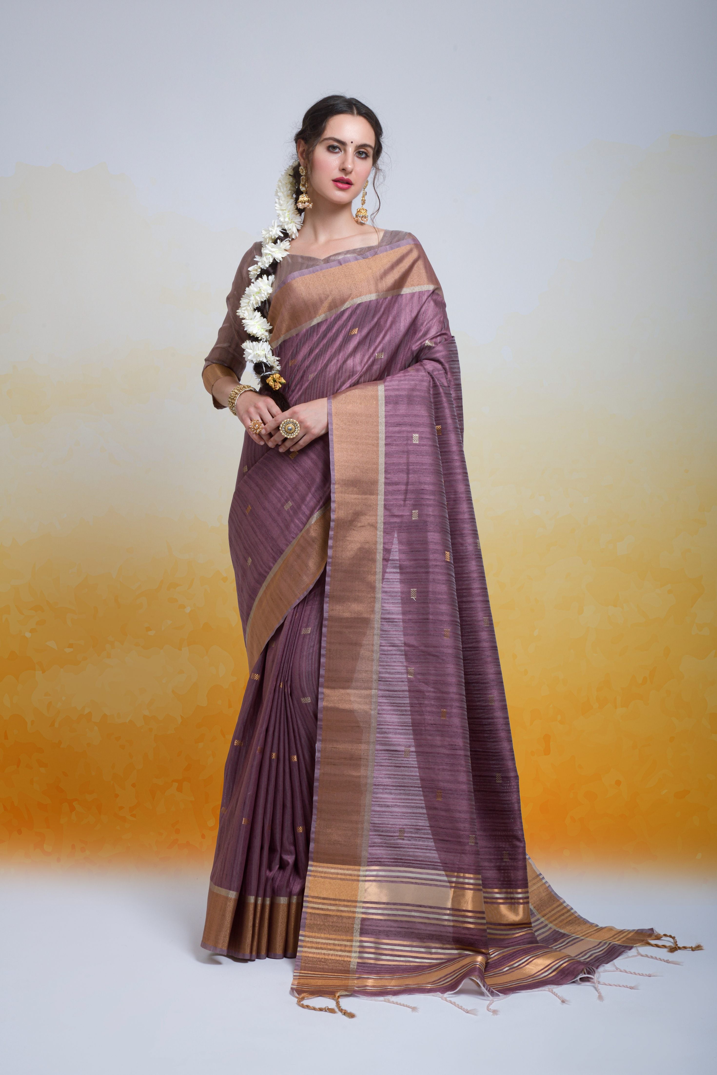 Women's Wine Cotton Silk Zari Woven Saree With Blouse - Aastha Fashion