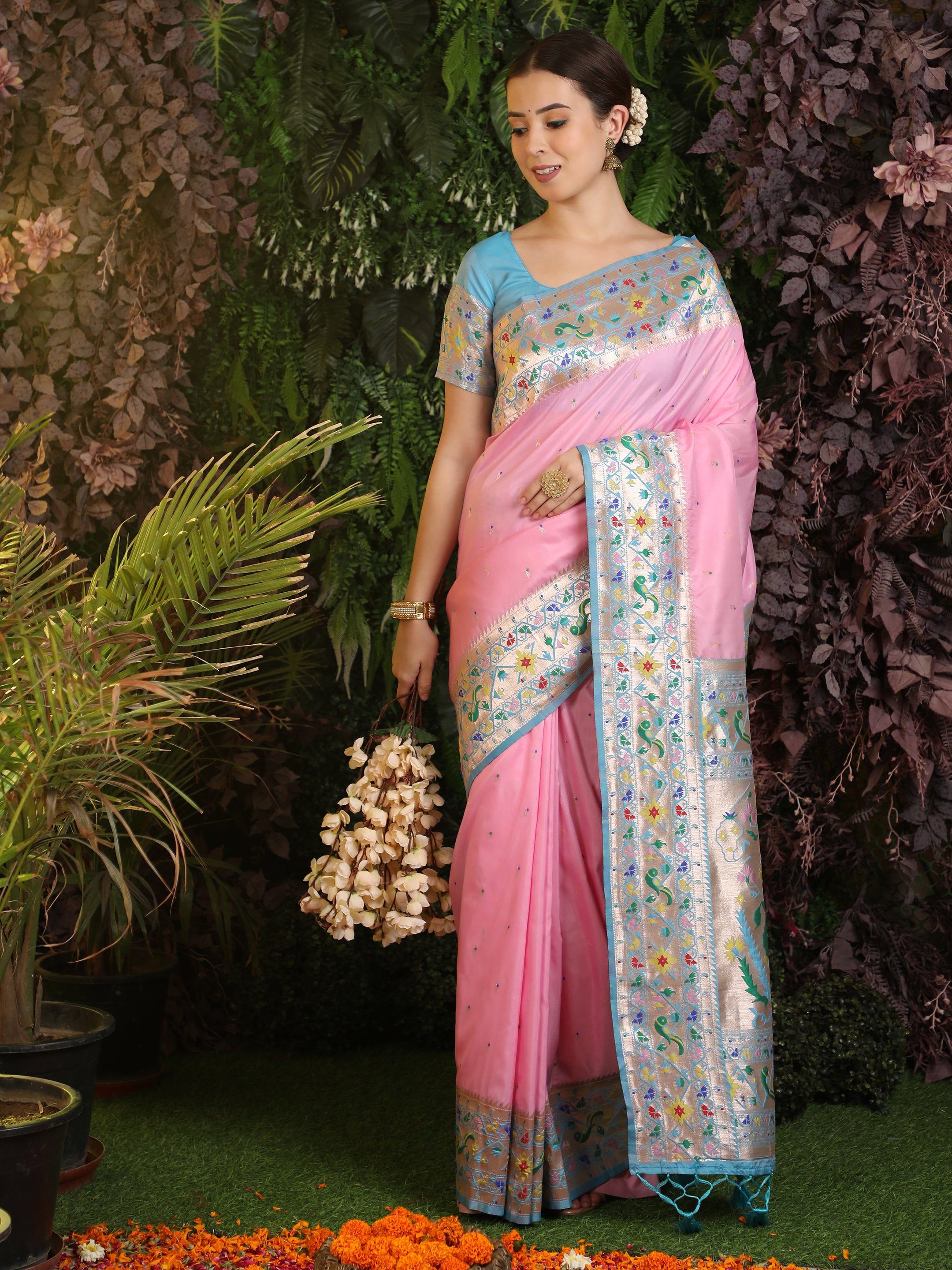 Women's Baby Pink Paithani Silk Zari Woven Saree With Blouse  (Saree Blouse Without stitch) - Aastha Fashion