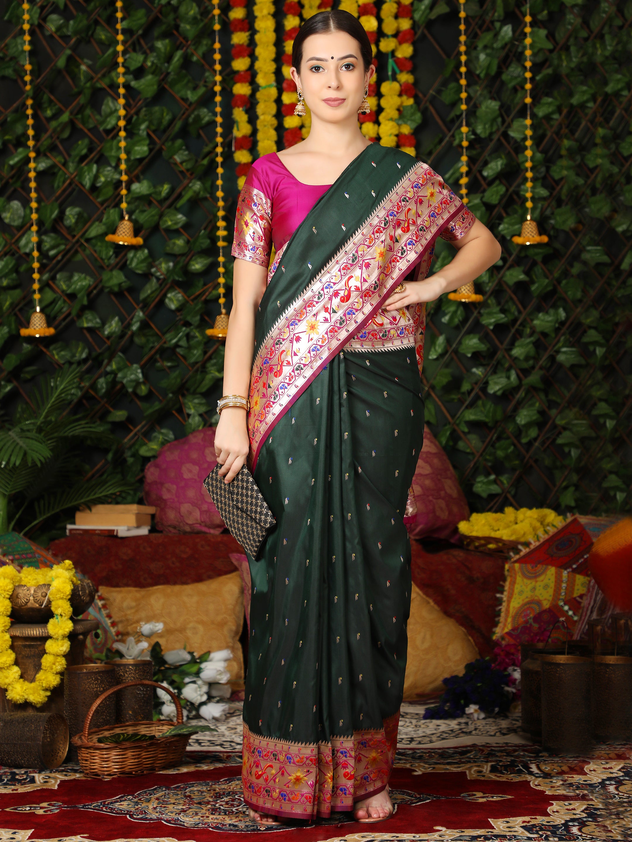 Buy Bottle Green Paithani Silk Zari Woven Saree by Designer Vishnu Weaves  for Women online at Kaarimarket.com