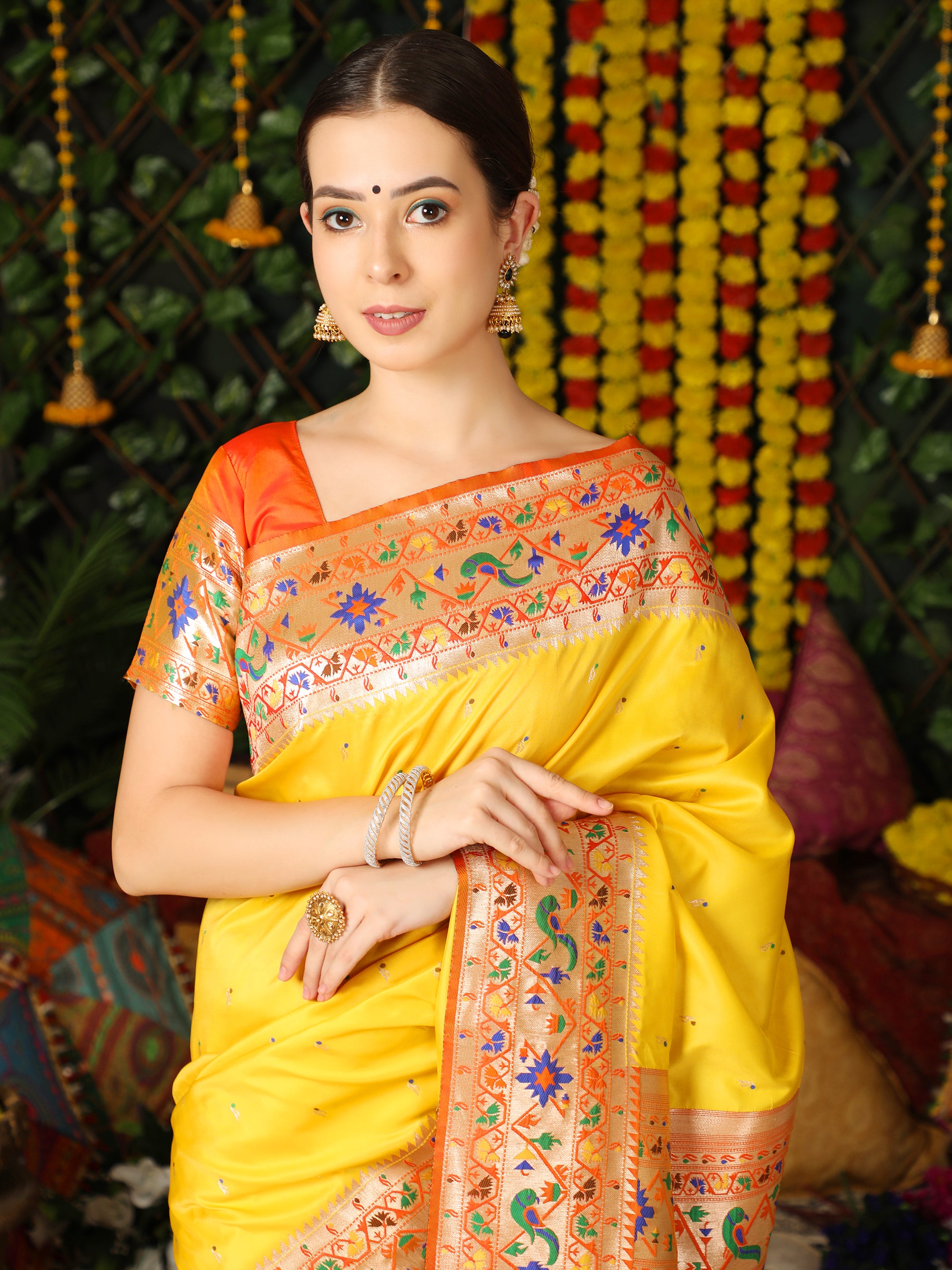 Women's Yellow Paithani Silk Zari Woven Saree With Blouse  (Saree Blouse Without stitch) - Aastha Fashion