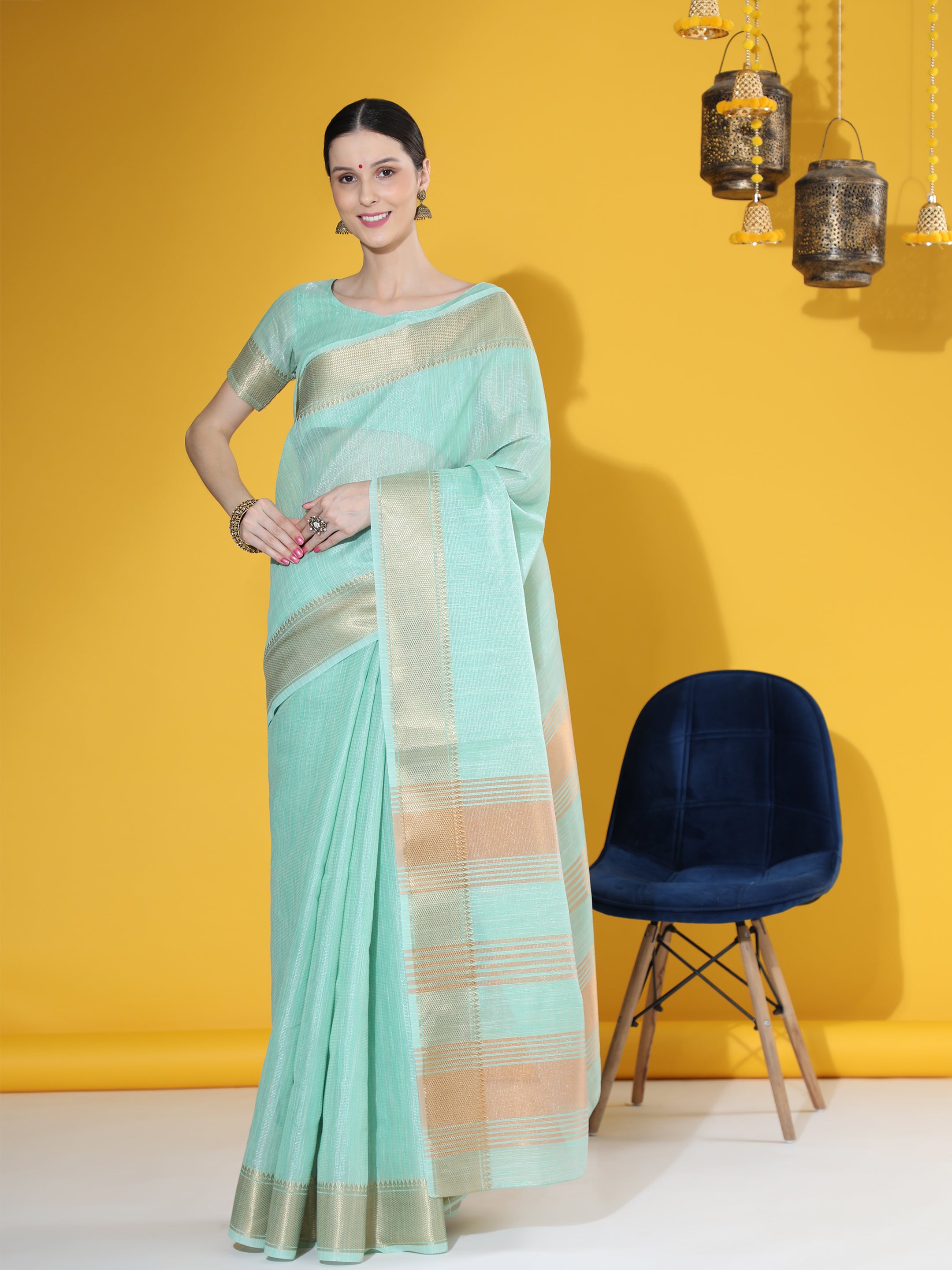 Women's Pista Tissue Linen Zari Woven Saree With Blouse - Aastha Fashion
