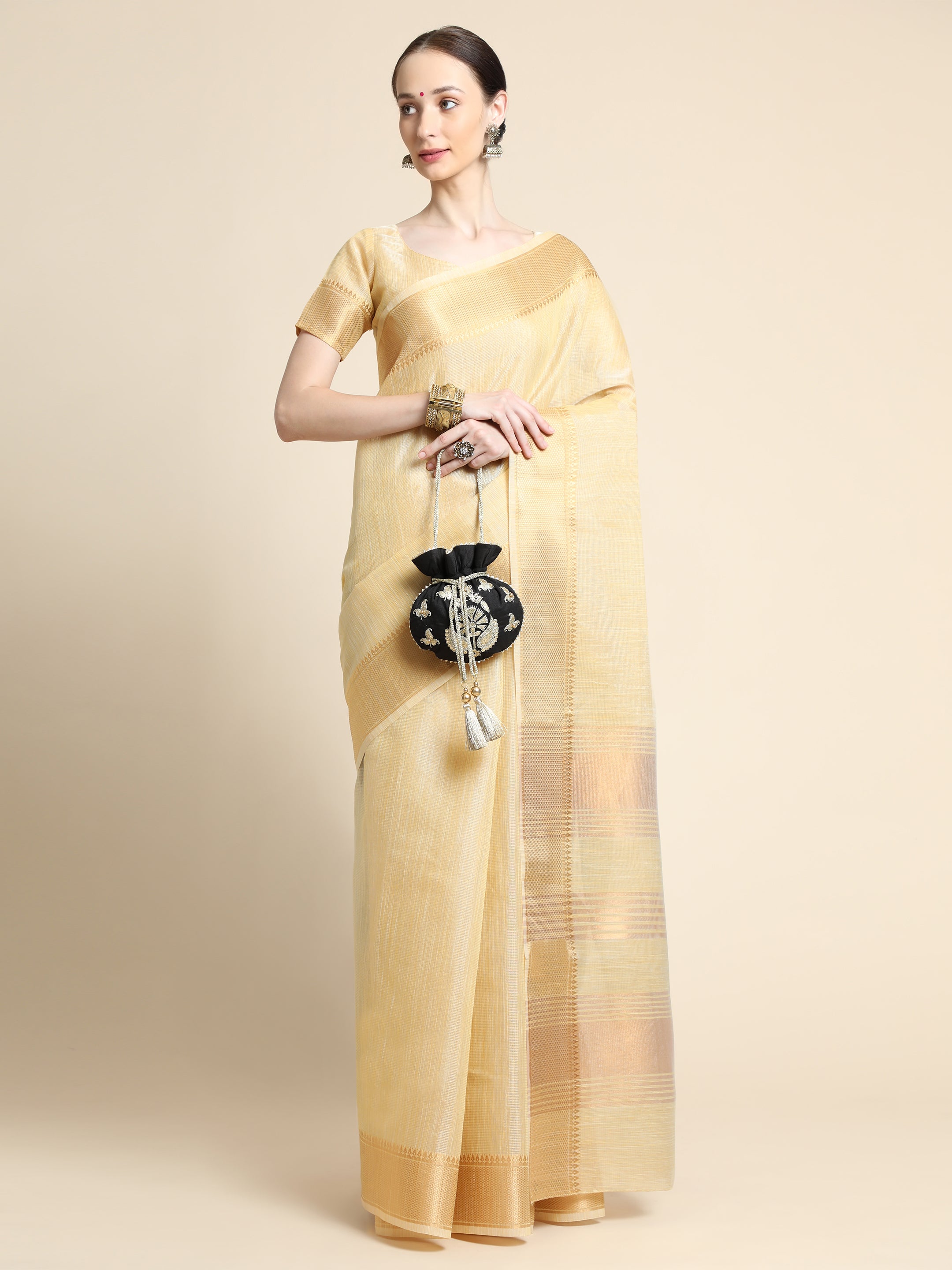 Women's Yellow Tissue Linen Zari Woven Saree With Blouse - Aastha Fashion
