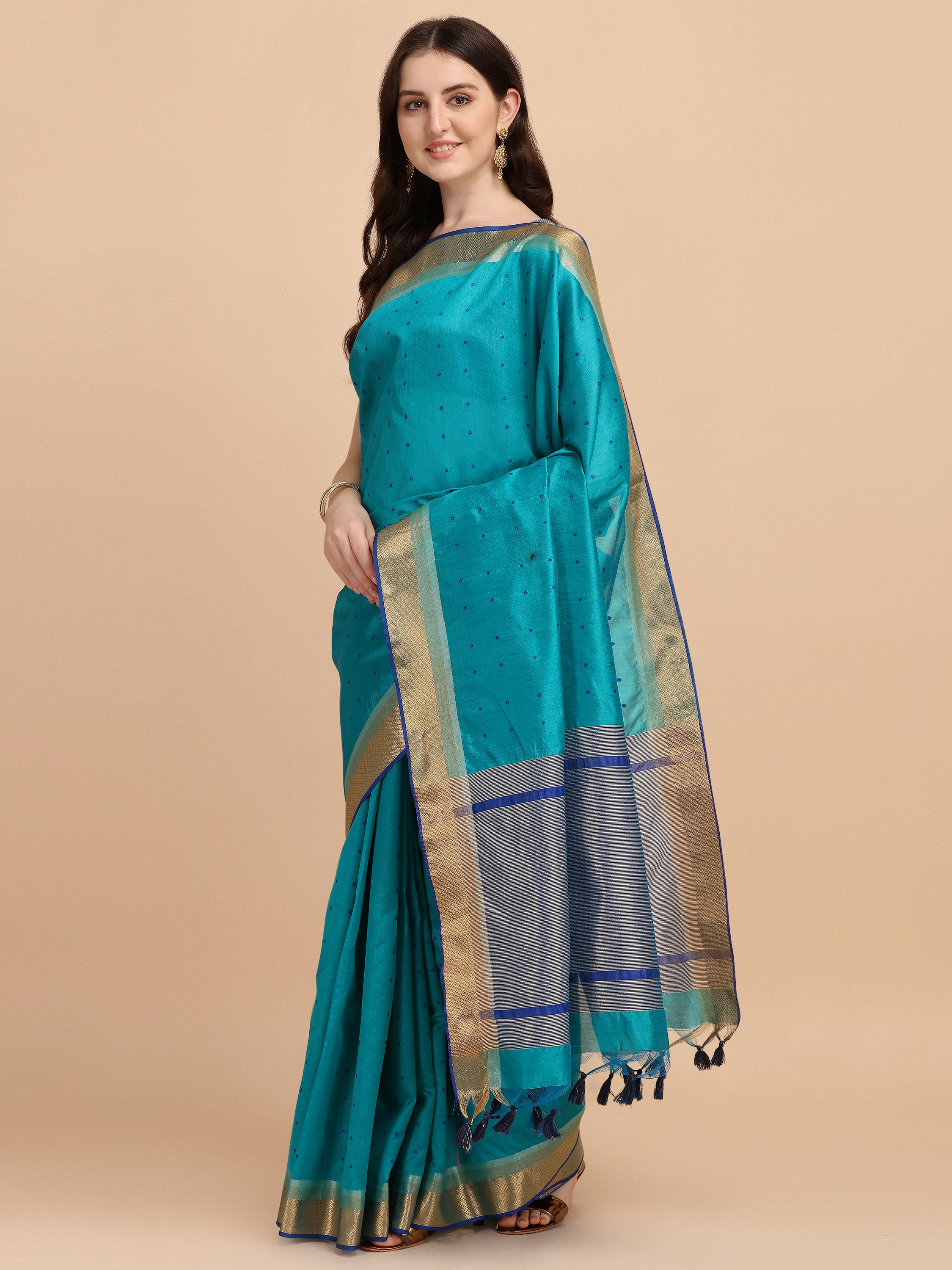 Women's Firozi Tussar Silk Butti & Zari Woven Saree With Blouse  (Saree Blouse Without stitch) - Aastha Fashion