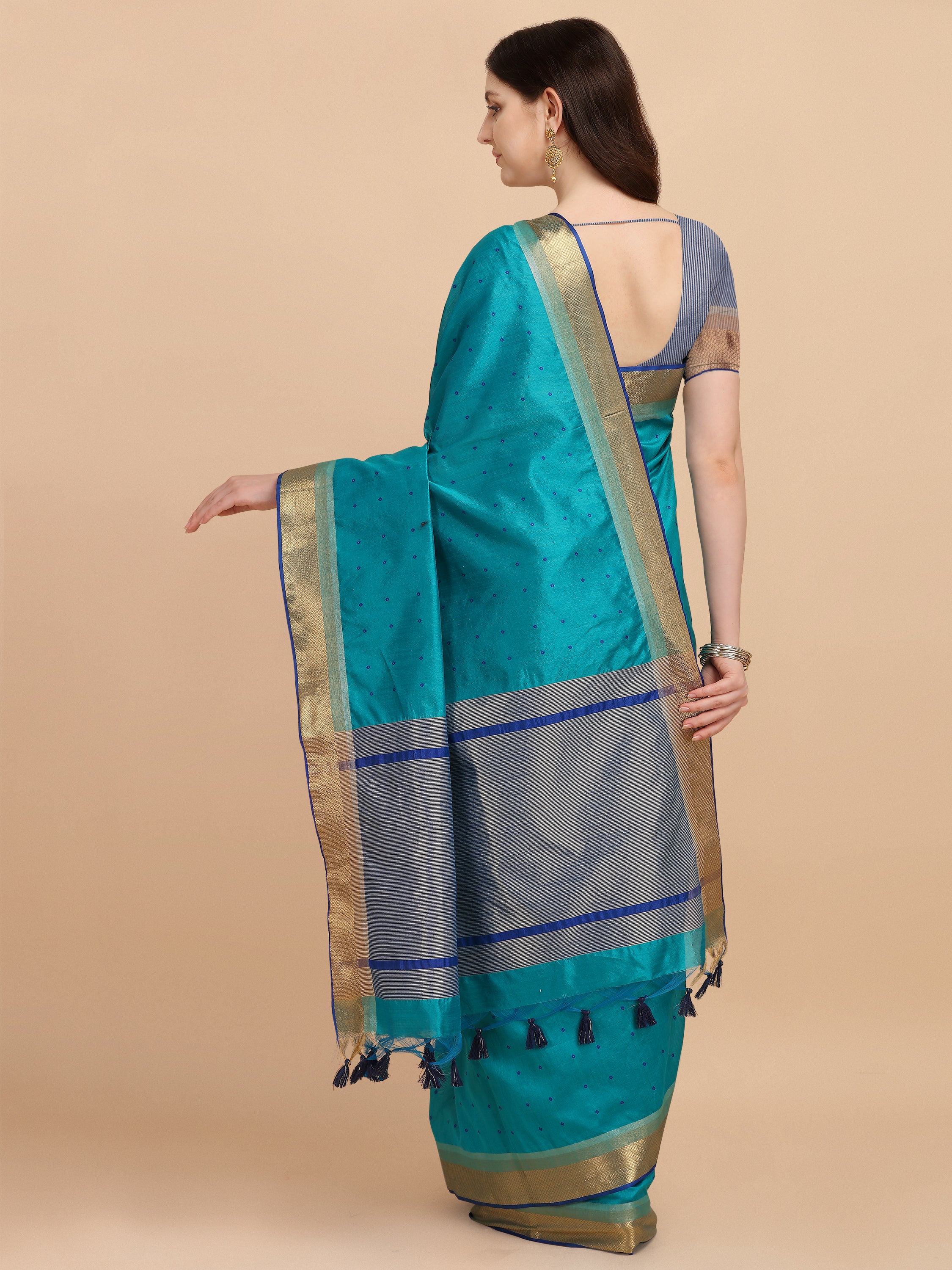 Women's Firozi Tussar Silk Butti & Zari Woven Saree With Blouse  (Saree Blouse Without stitch) - Aastha Fashion