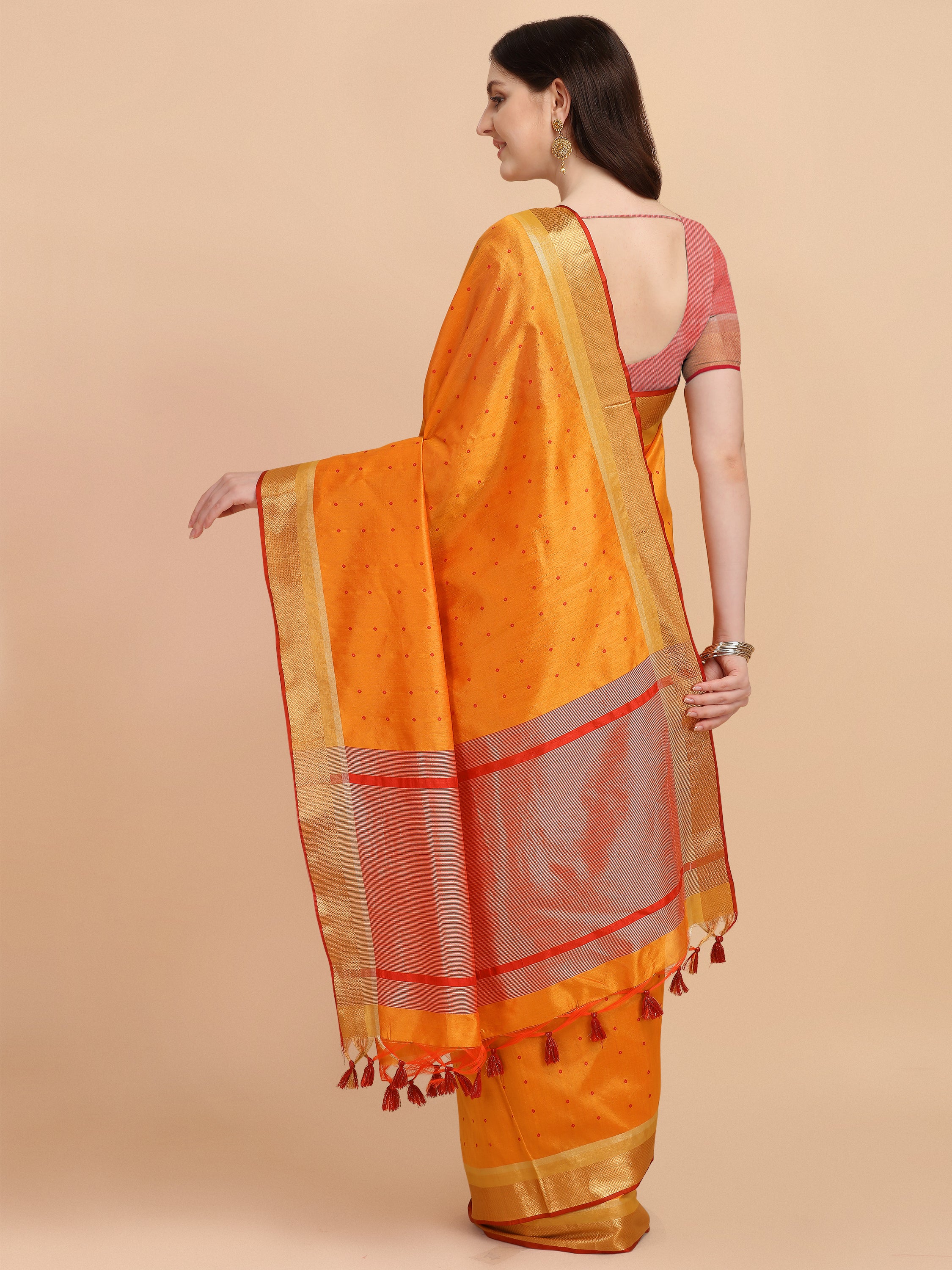 Women's Orange Tussar Silk Butti & Zari Woven Saree With Blouse  (Saree Blouse Without stitch) - Aastha Fashion