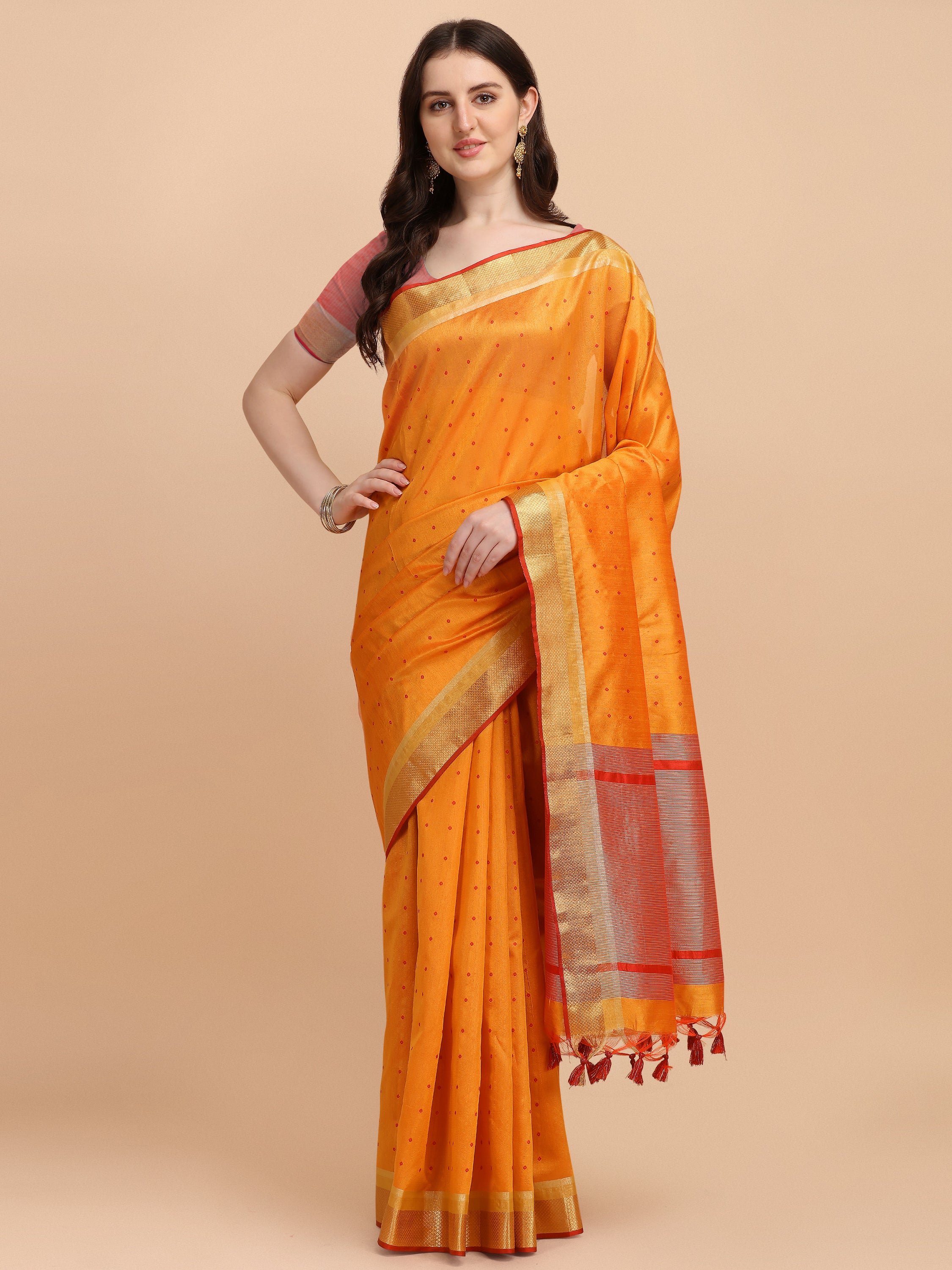Women's Orange Tussar Silk Butti & Zari Woven Saree With Blouse  (Saree Blouse Without stitch) - Aastha Fashion